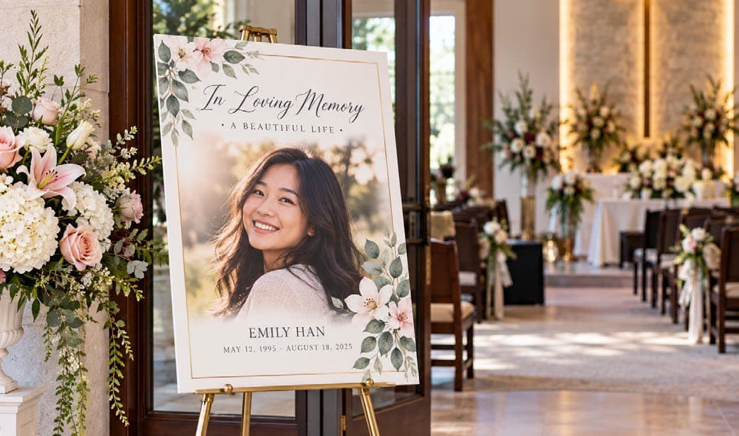 A celebration of life tribute board on an easel beside flowers