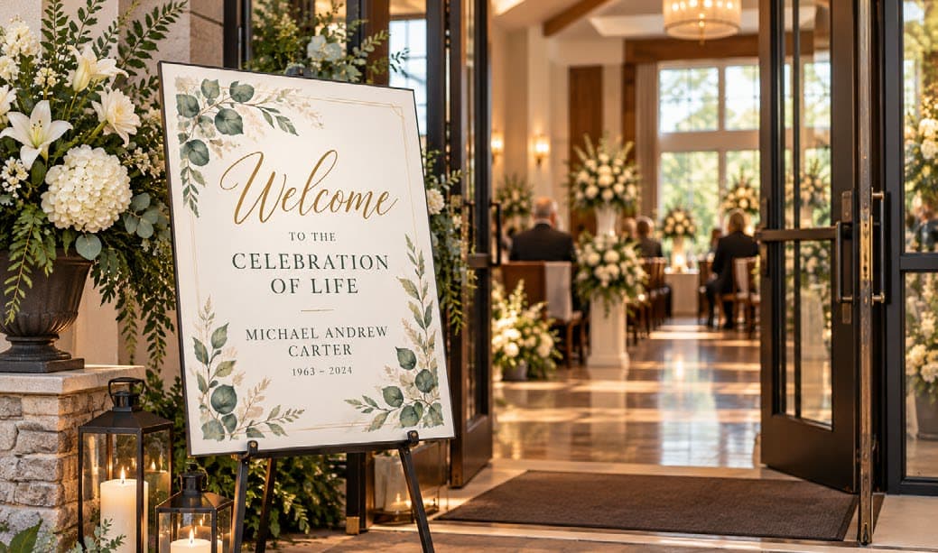 A celebration of life welcome sign at a chapel entrance