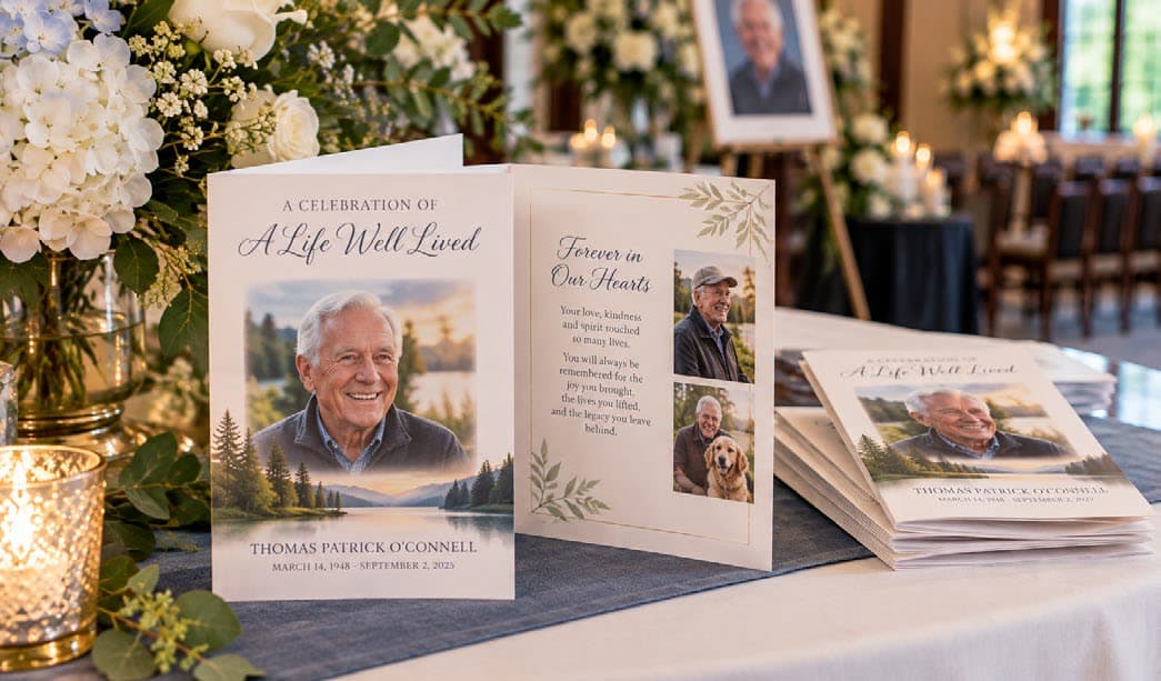 Folded memorial cards with a portrait, stacked on a table