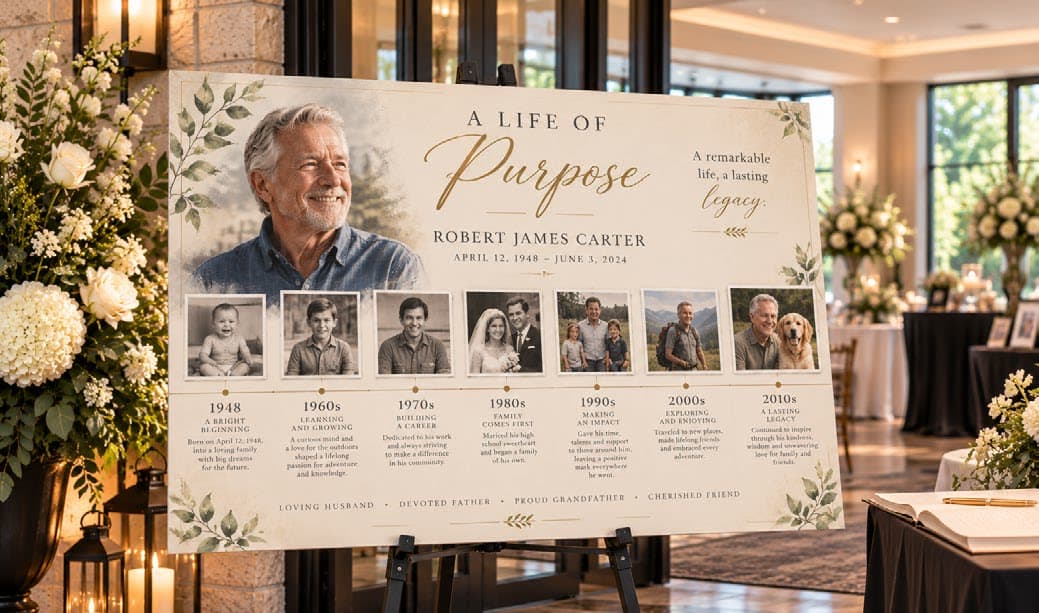 A life story tribute board with family photographs on an easel