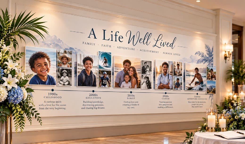 A life story memory wall of family photographs