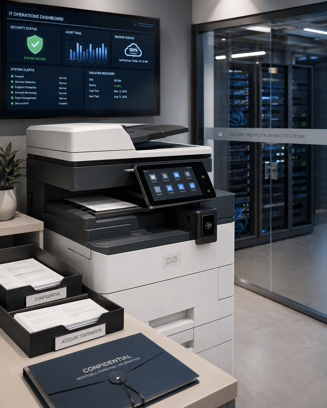 DEX advises on secure paper handling for sensitive output and works alongside the institution's controls so the print environment is one fewer audit finding, not one more. One partner for documents and the network A networked MFP in a branch is an endpoint on the bank's network. DEX IT extends the same posture with managed IT, cybersecurity, backup, and disaster recovery, so documents and infrastructure are secured by one accountable partner. Proof in financial services DEX serves banks, credit unions, and insurers across its metros, including markets that rank among the country's leading banking centers; named references render only where releasable.