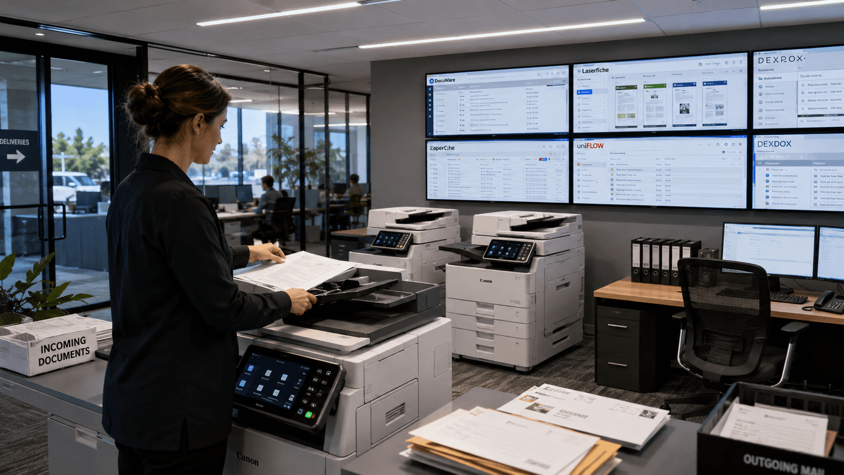 The fleet that prints your documents is the same fleet that scans them. Running mailing, capture, and workflow through the partner that already manages your MFPs removes the seams. DEX implements and supports the document platforms businesses actually use — such as DocuWare, Laserfiche, PaperCut, and uniFLOW — and brings paper into the workflow at the front door with its own DEXDOX scanning and capture line.