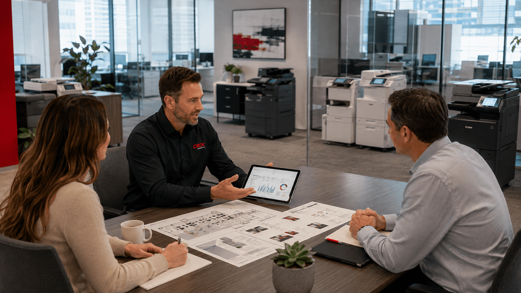 Manufacturer-direct branches sell one catalog and service one brand. DEX sources across six OEM lines — Konica Minolta, Kyocera, Canon, Ricoh, HP, and Sharp — and provides local service and one point of accountability, so the recommendation serves your fleet, not a single manufacturer's quota.