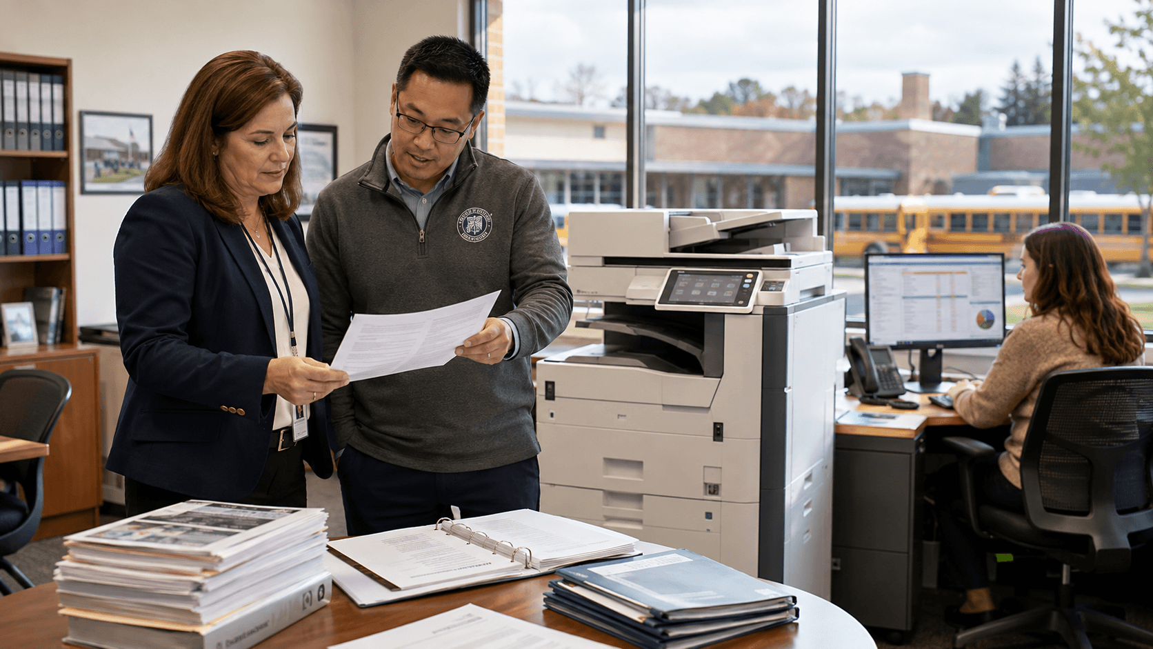 District print is a procurement exercise as much as a technology one. DEX supports E-rate procurement guidance, district-wide standardized deployment across every campus, and the board-approval workflow that district purchases run through. One standard, one agreement, per-school reporting, and local service in the district's market.