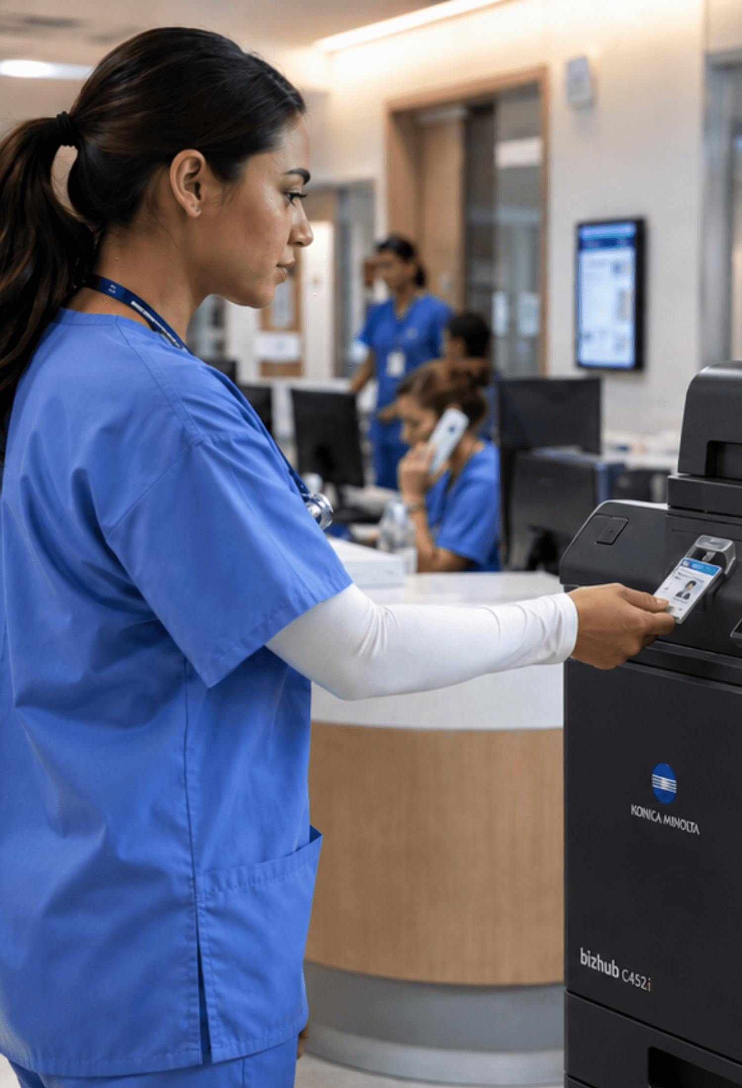 Badge-authenticated pull printing keeps PHI off open output trays in every department. Jobs follow the clinician, not the device.