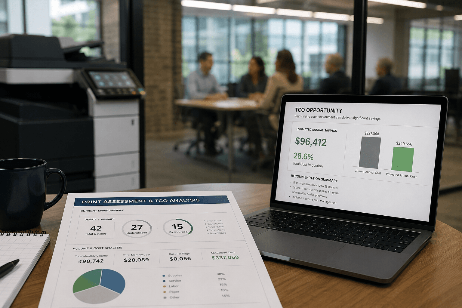 We measure what you actually print and what it actually costs. Most customers are surprised by both. Free, two weeks, ends with a number you can take to your CFO.
