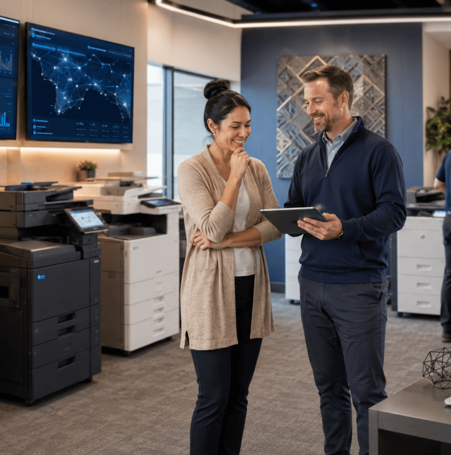Most vendors sell one manufacturer's catalog or cover one footprint. DEX does neither: it sources independently across Konica Minolta, Kyocera, Canon, Ricoh, HP, and Sharp, services everything with local factory-certified DEXperts, and answers for the whole stack — print, IT, and workflow — under a single point of contact. That is what lets one partner cover everything above without the seams.