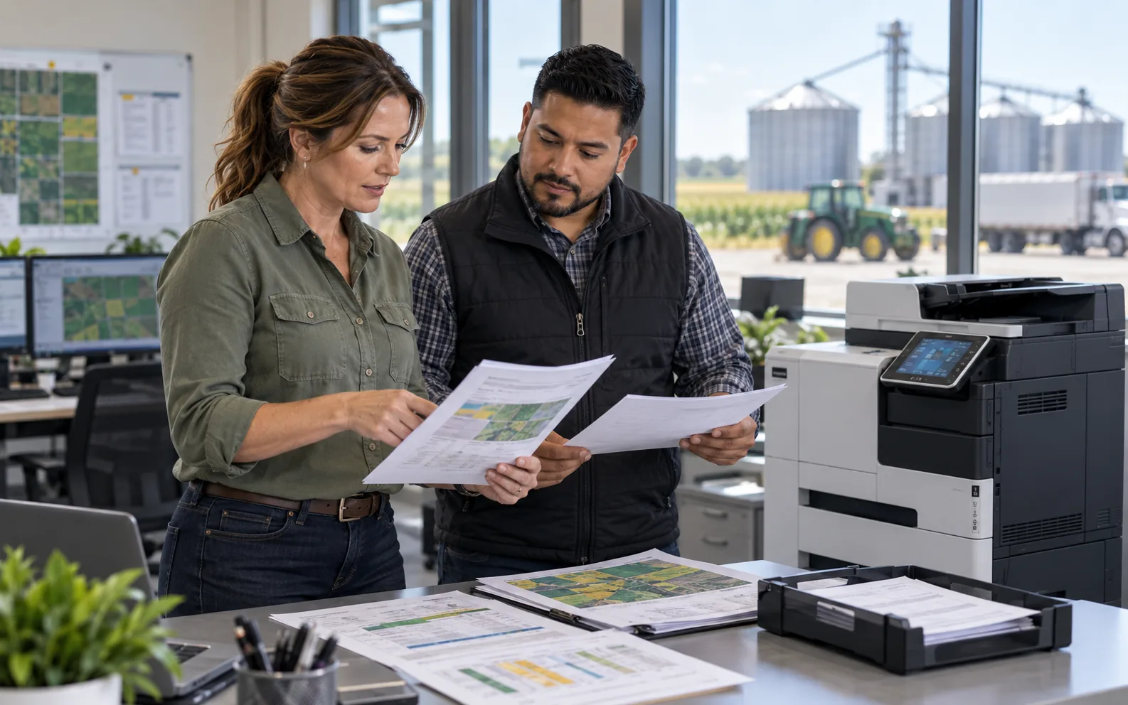 Two agribusiness staff review printed field reports beside an office printer, with grain silos and a tractor outside.