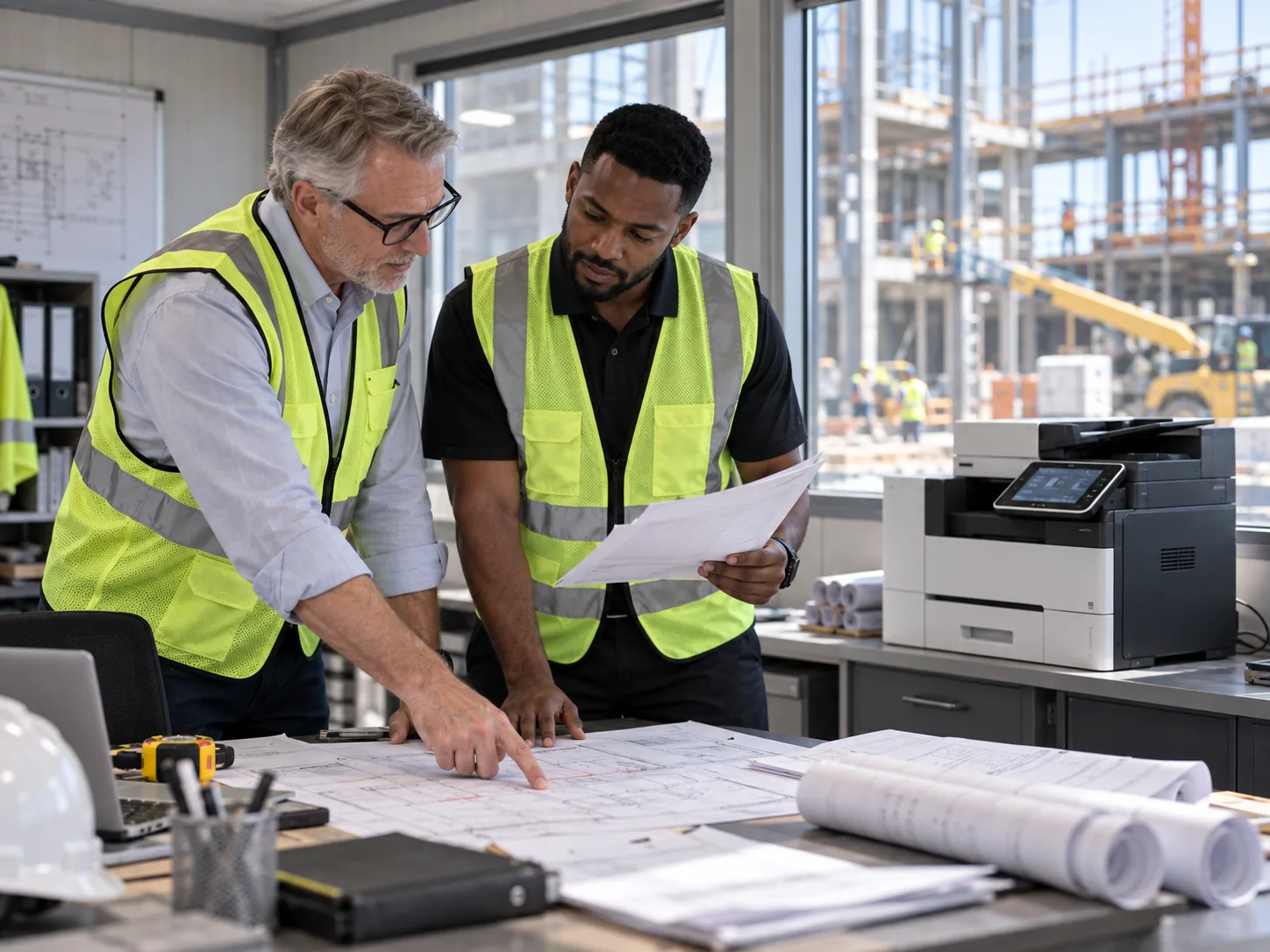 Two workers in high-visibility vests compare printed drawings at a jobsite office desk.