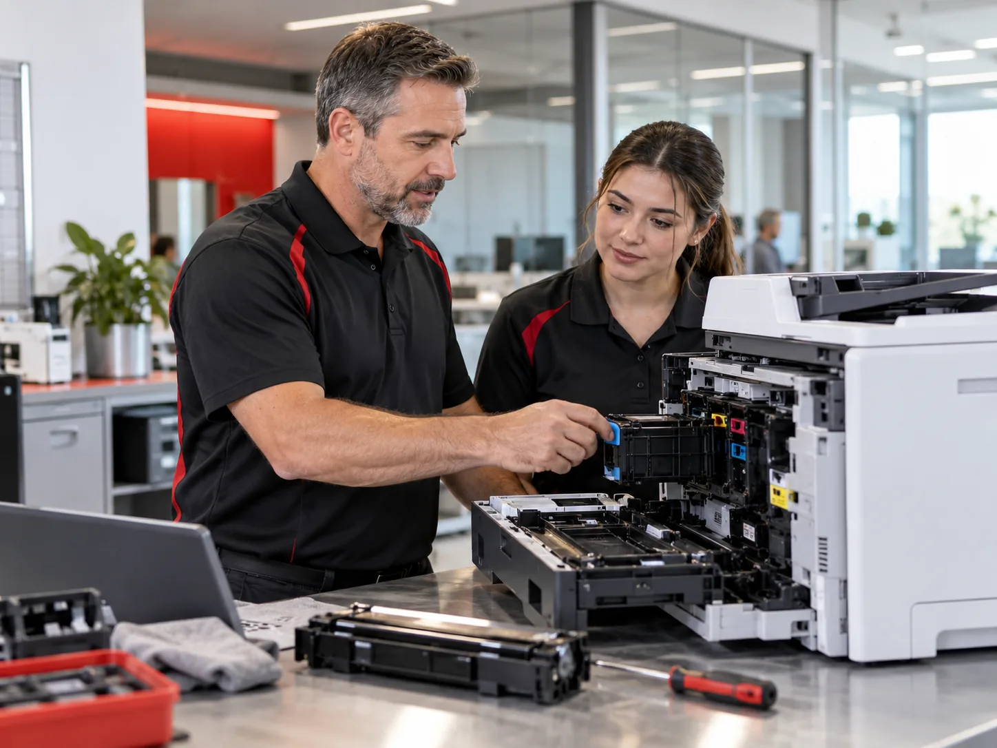 Two colleagues in dark polos service a printer together, one showing the other the procedure.