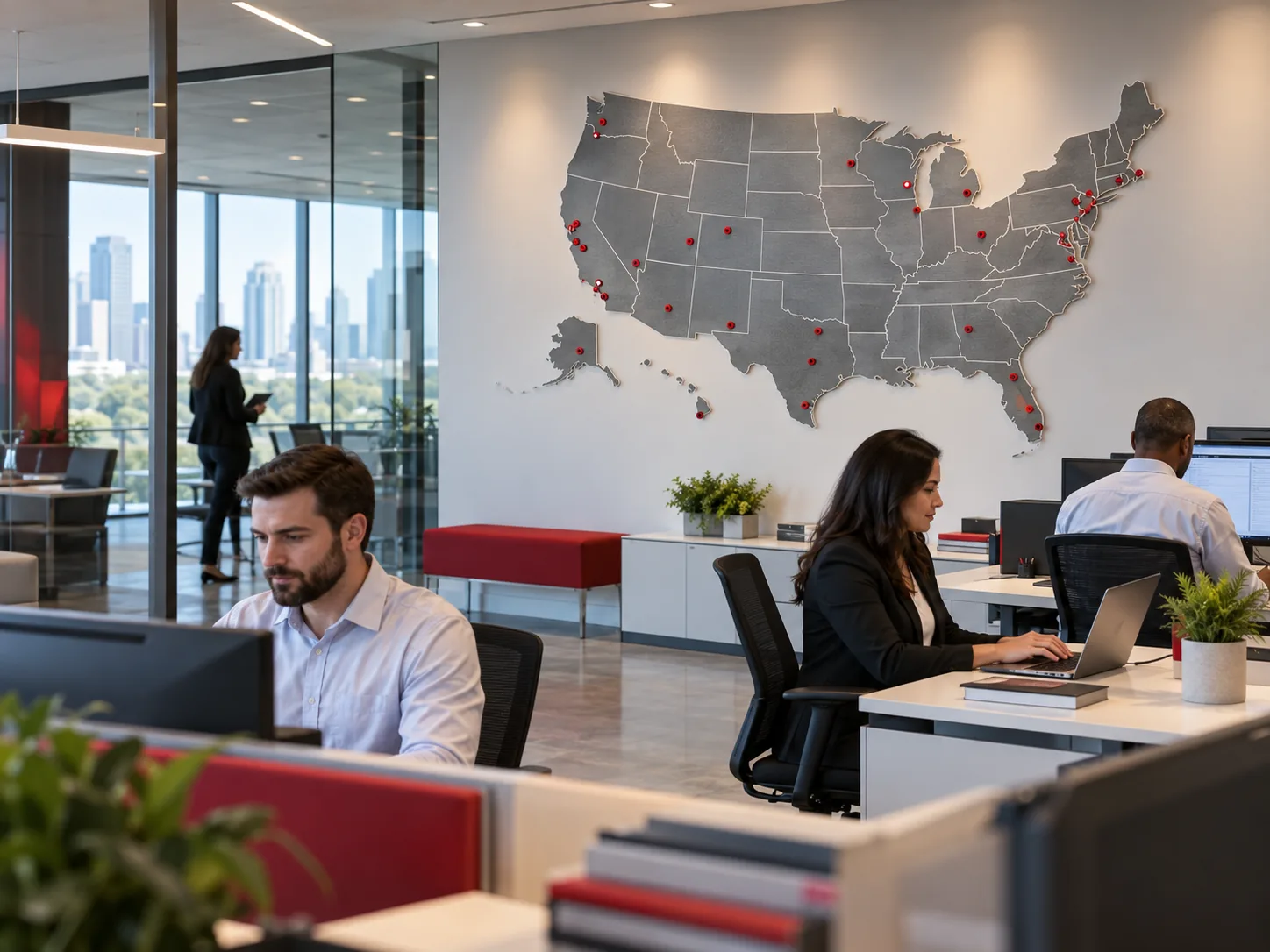 A large pinned map of the United States on an office wall, with staff working at desks nearby.