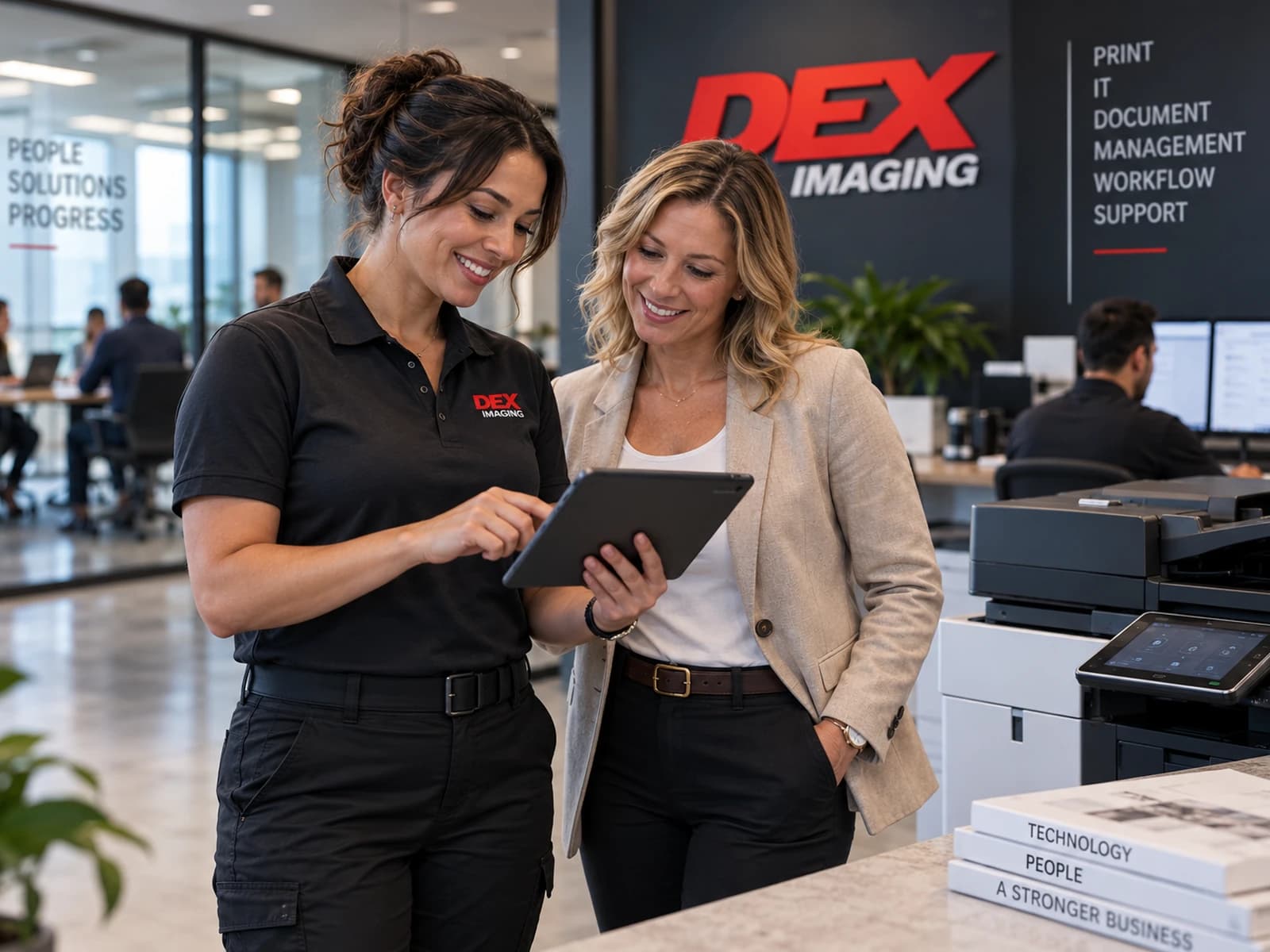 A DEX representative reviews service coverage on a tablet with a customer.