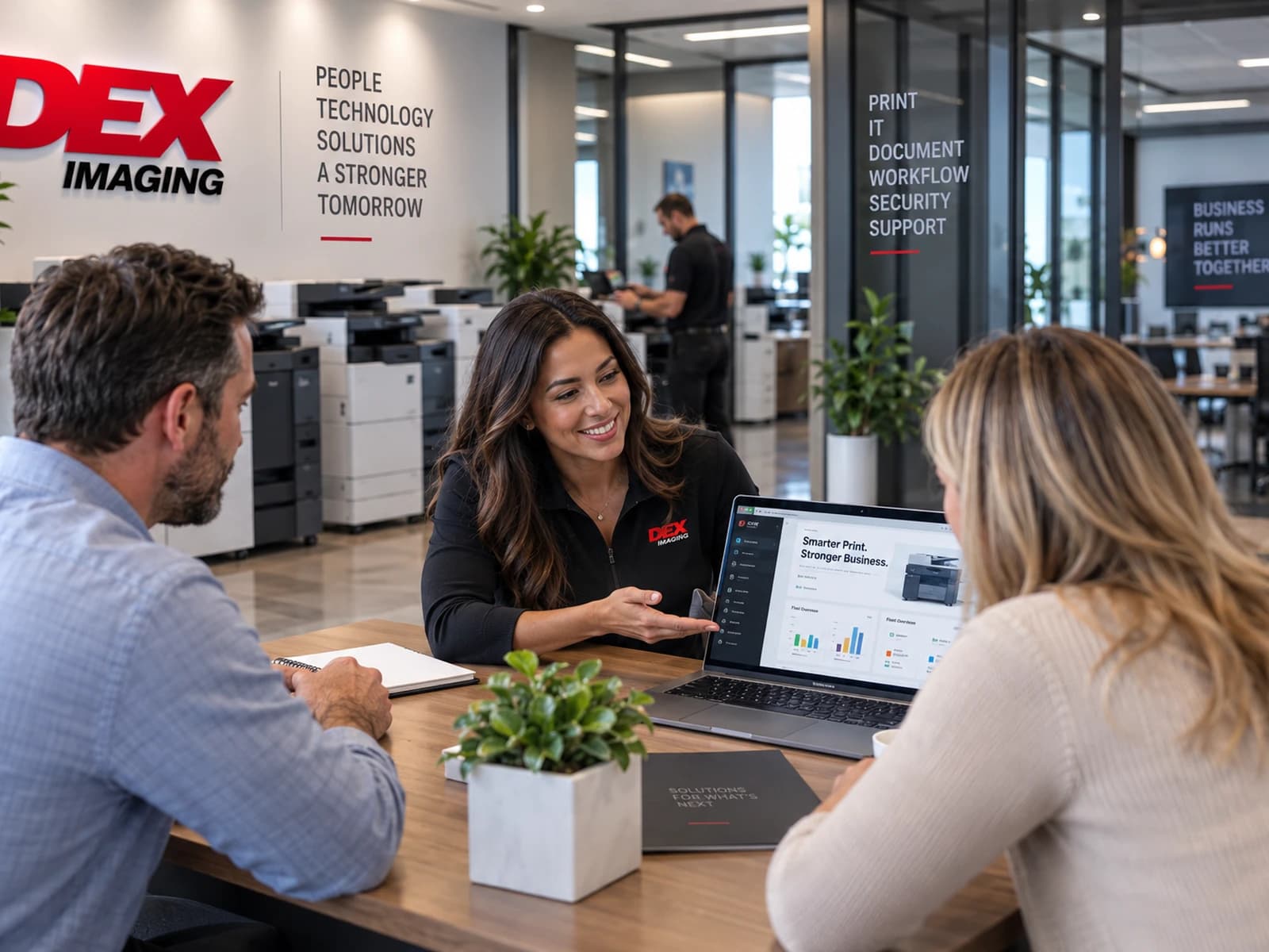 A DEX account team reviews a service programme with customers around an office table.