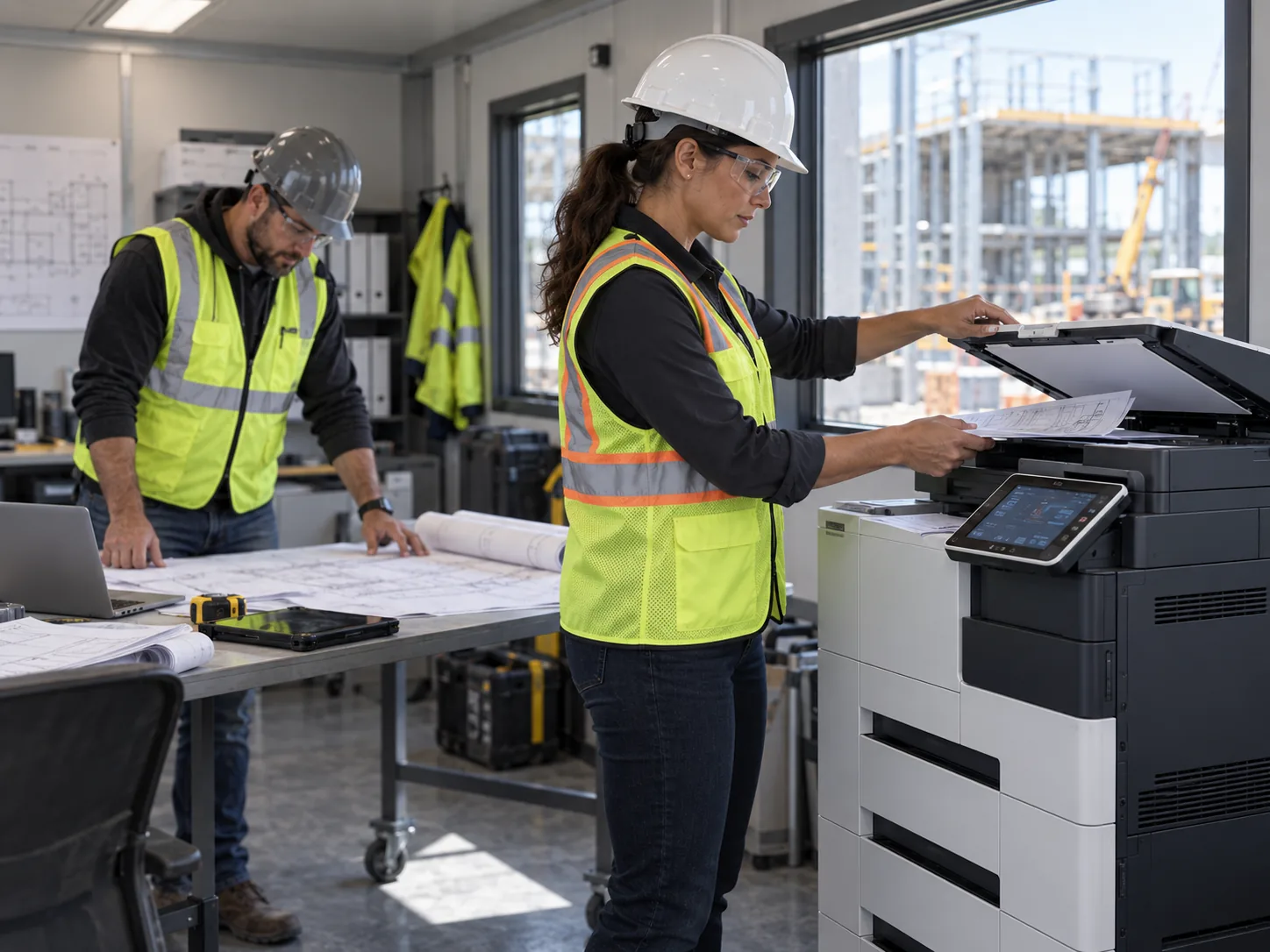 A worker in a hard hat and high-visibility vest prints plans at a jobsite office printer.