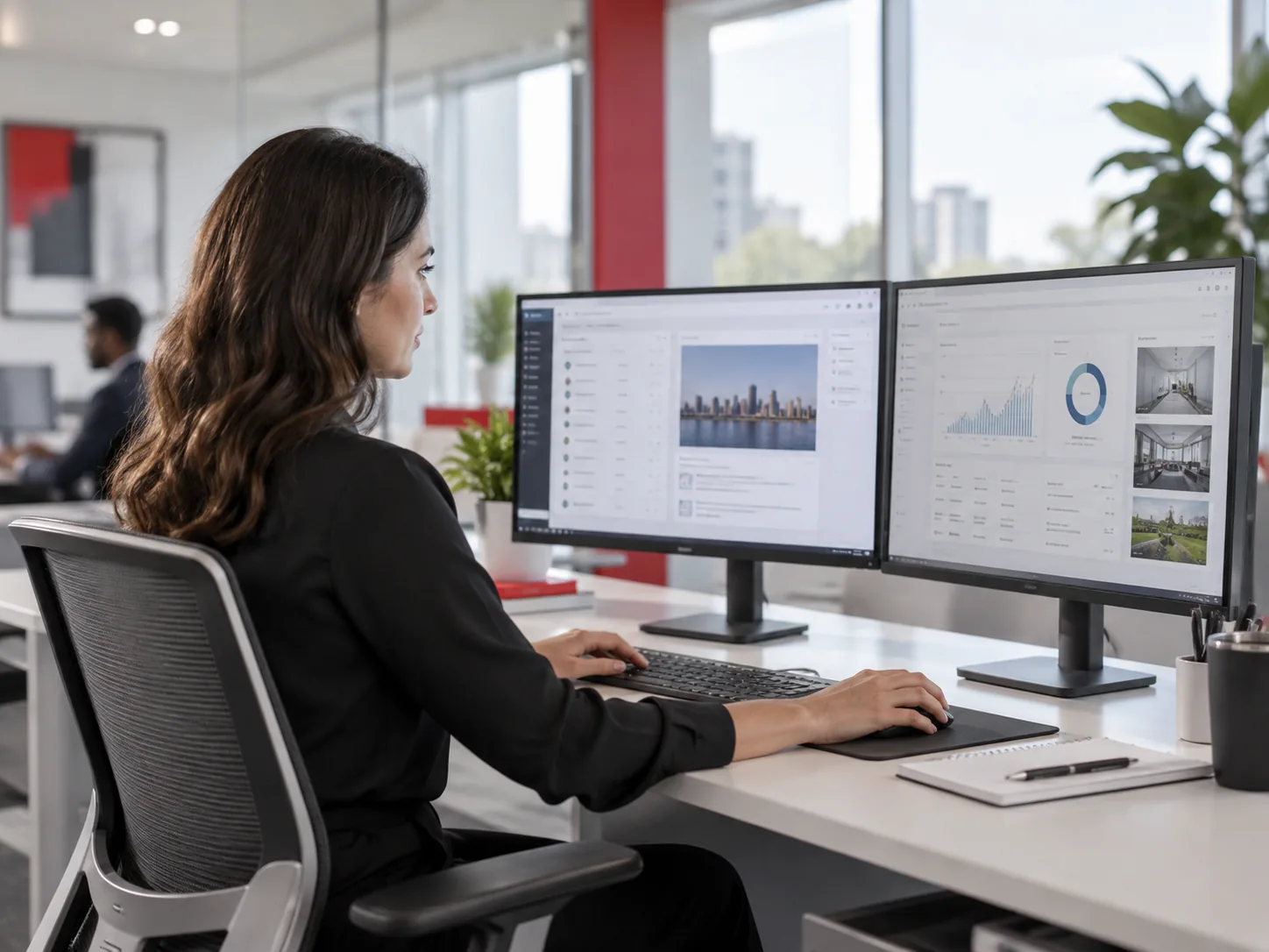 An employee works across two monitors in a bright modern office.