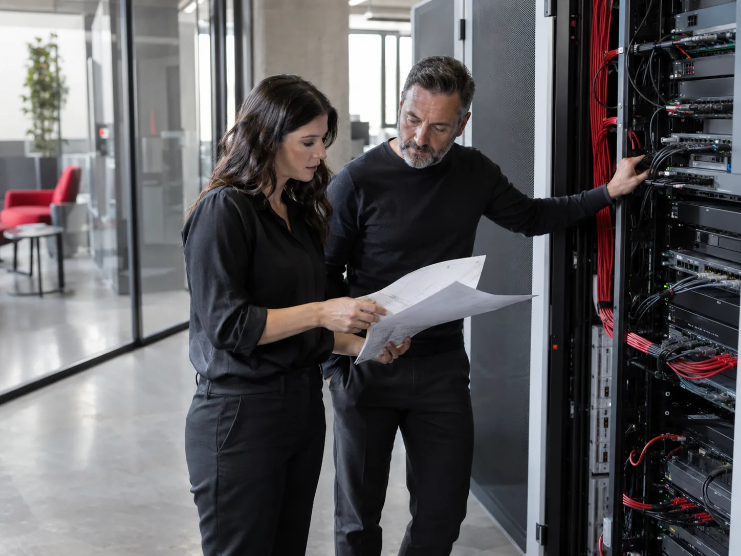 Two IT professionals review printed infrastructure documentation beside a rack of networking equipment.