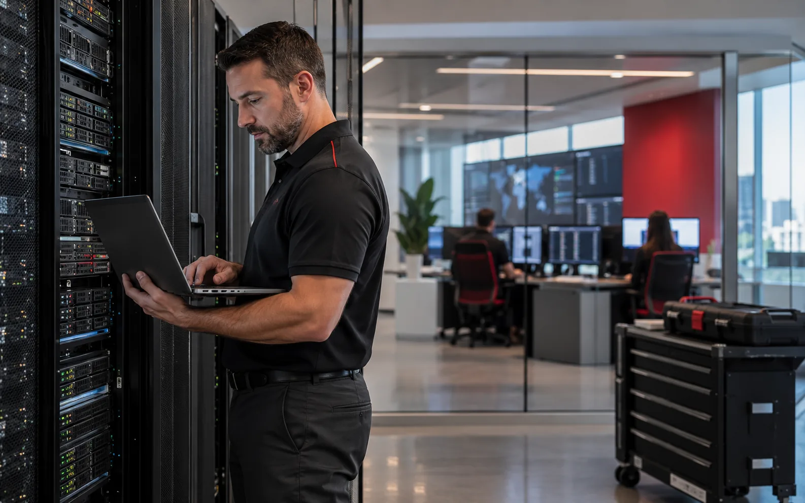 A DEX Managed IT engineer checks backup systems on a laptop beside a server rack.