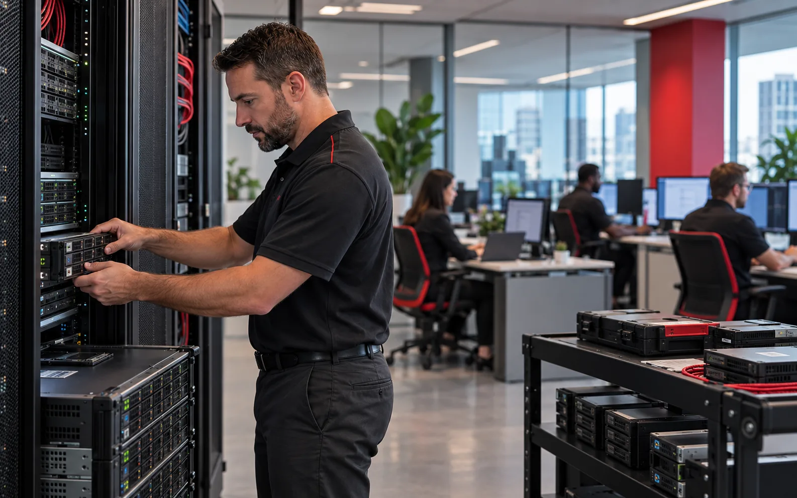 An engineer removes a drive from a server rack during a disaster-recovery test.