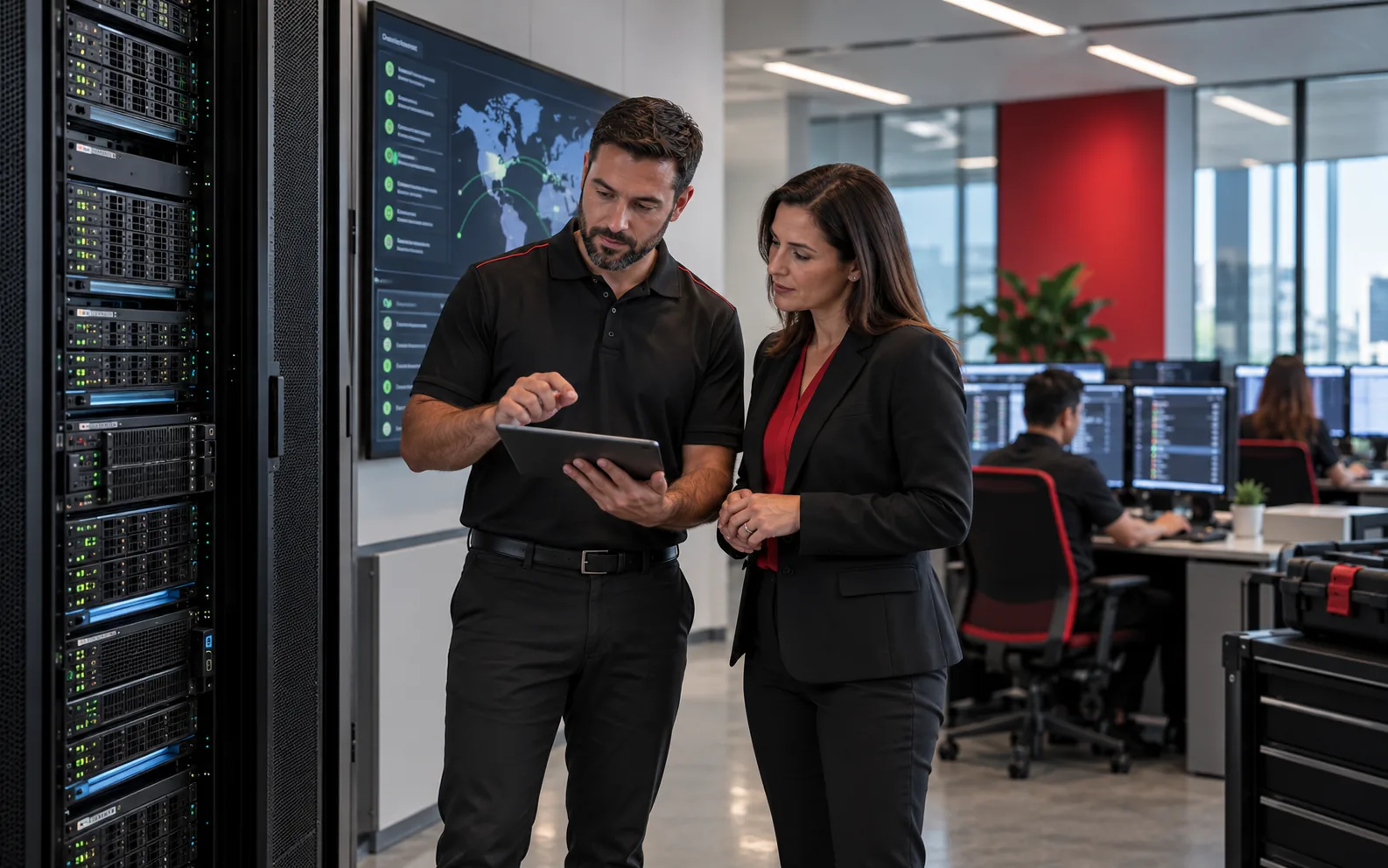 Two DEX Managed IT staff review recovery status on a tablet in a server room.