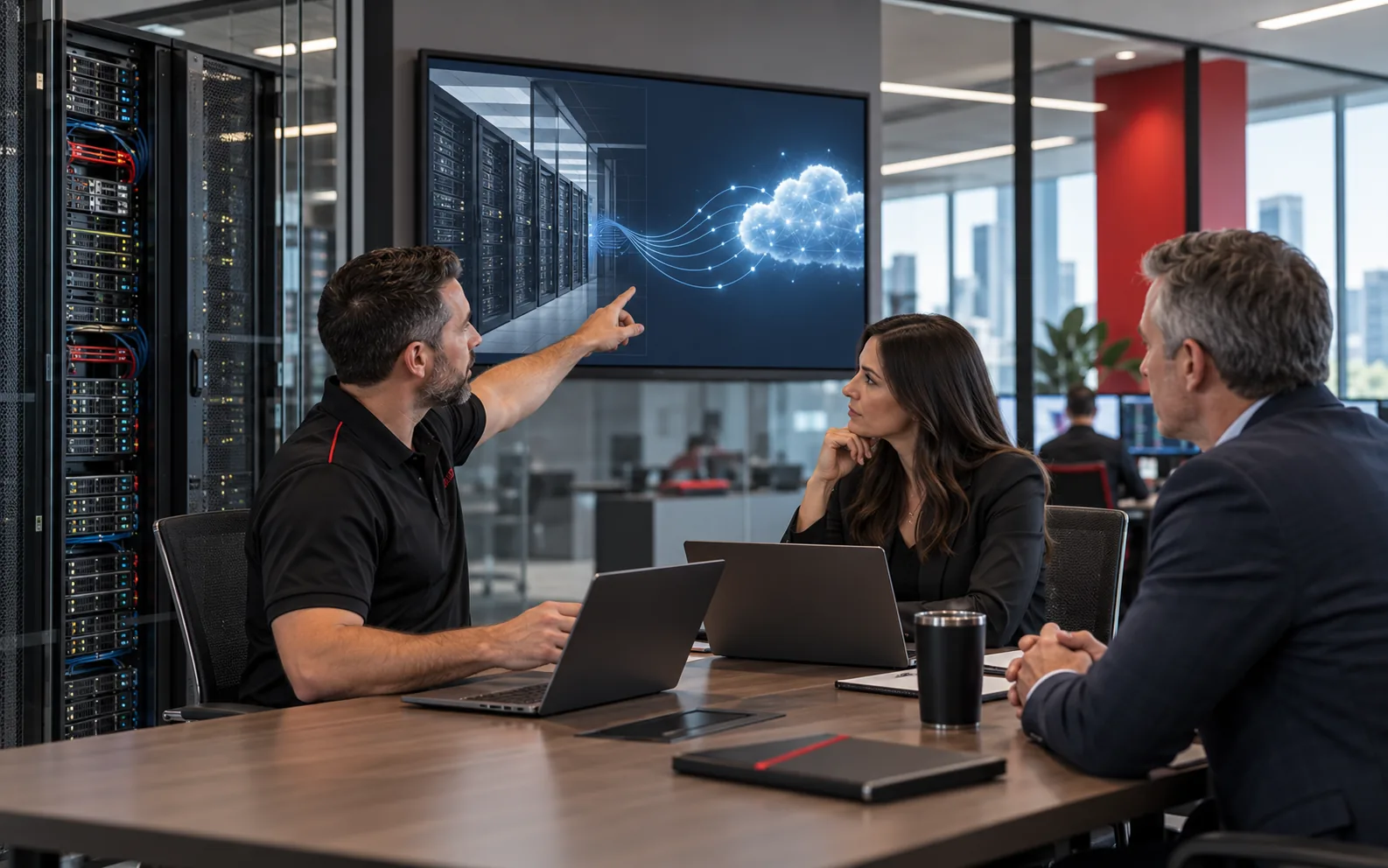 A specialist presents a cloud migration plan on a large screen to a seated client team.