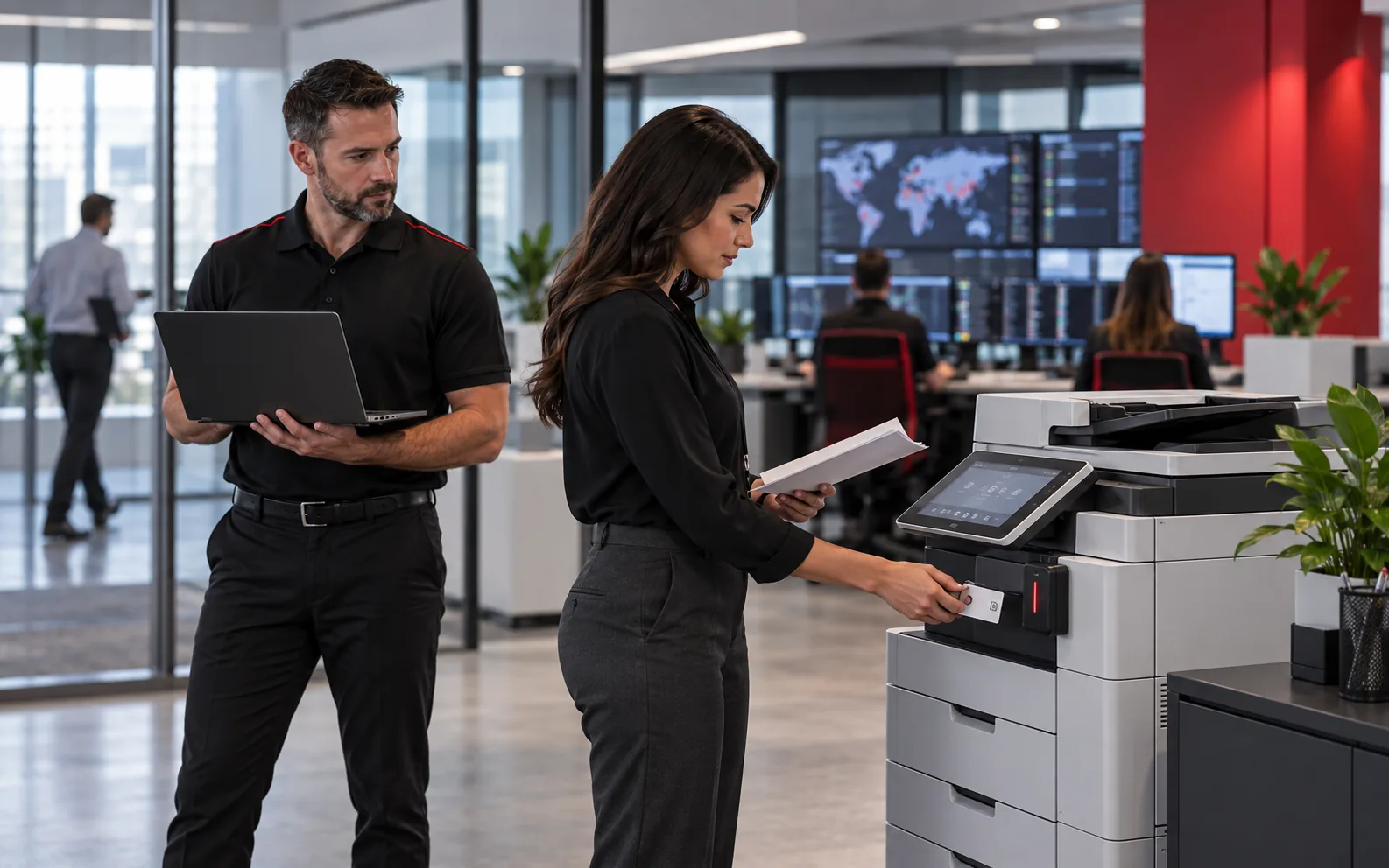 DEX staff verify endpoint protection on a networked multifunction printer.
