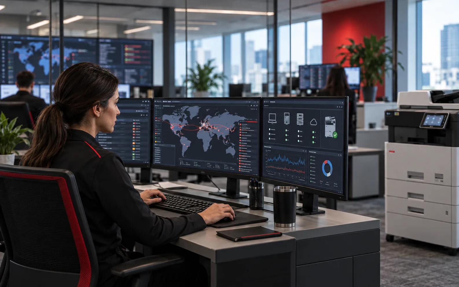 An analyst reviews network security activity on a wall of monitoring displays.