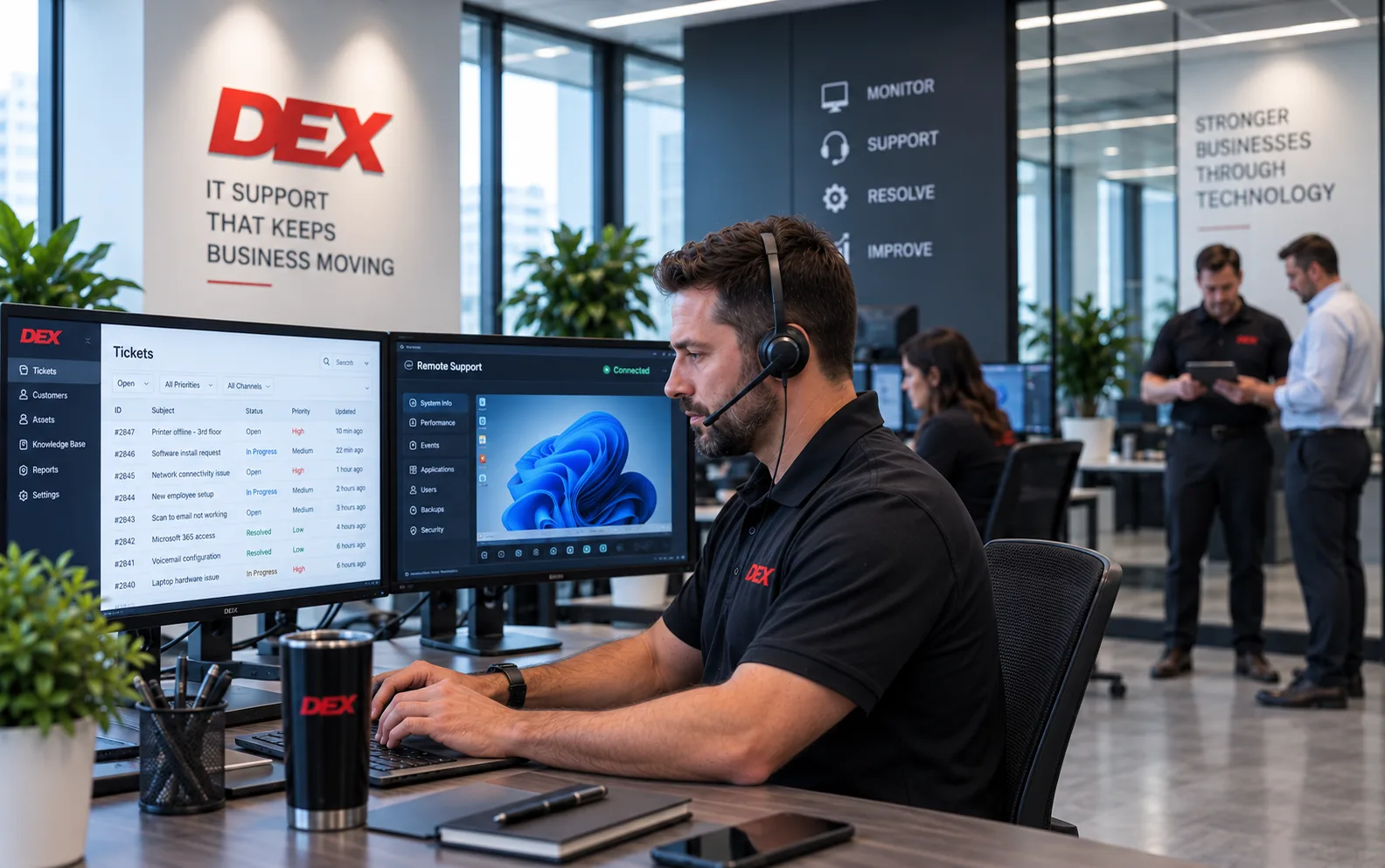 A DEX support engineer works a service queue beneath a DEX Imaging wall graphic.