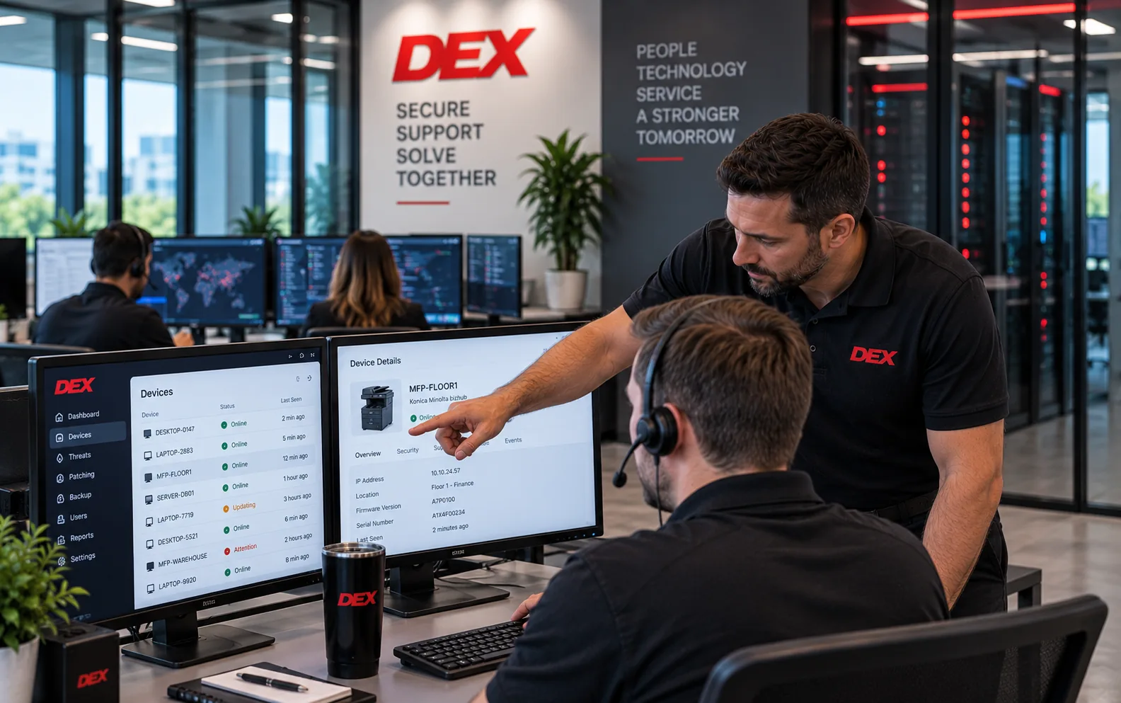 A DEX Managed IT engineer walks a colleague through a support ticket on screen.