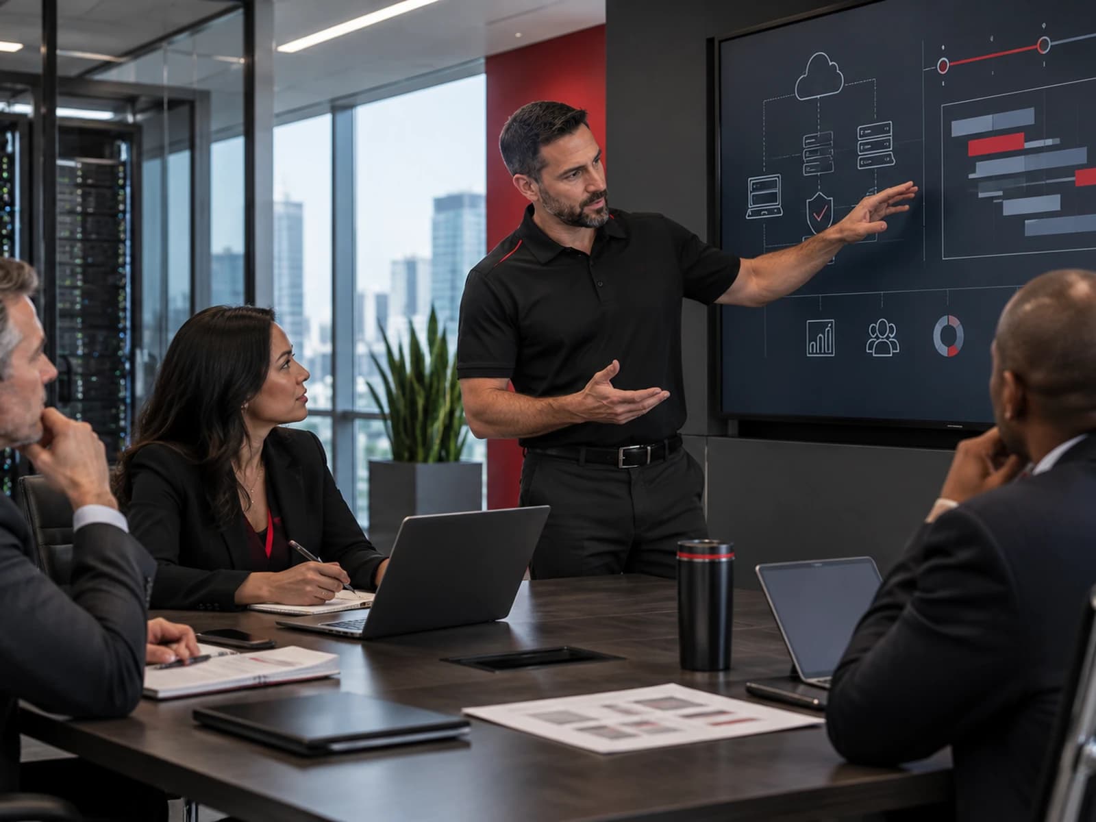 A virtual CIO reviews IT budget planning with executives in a boardroom.