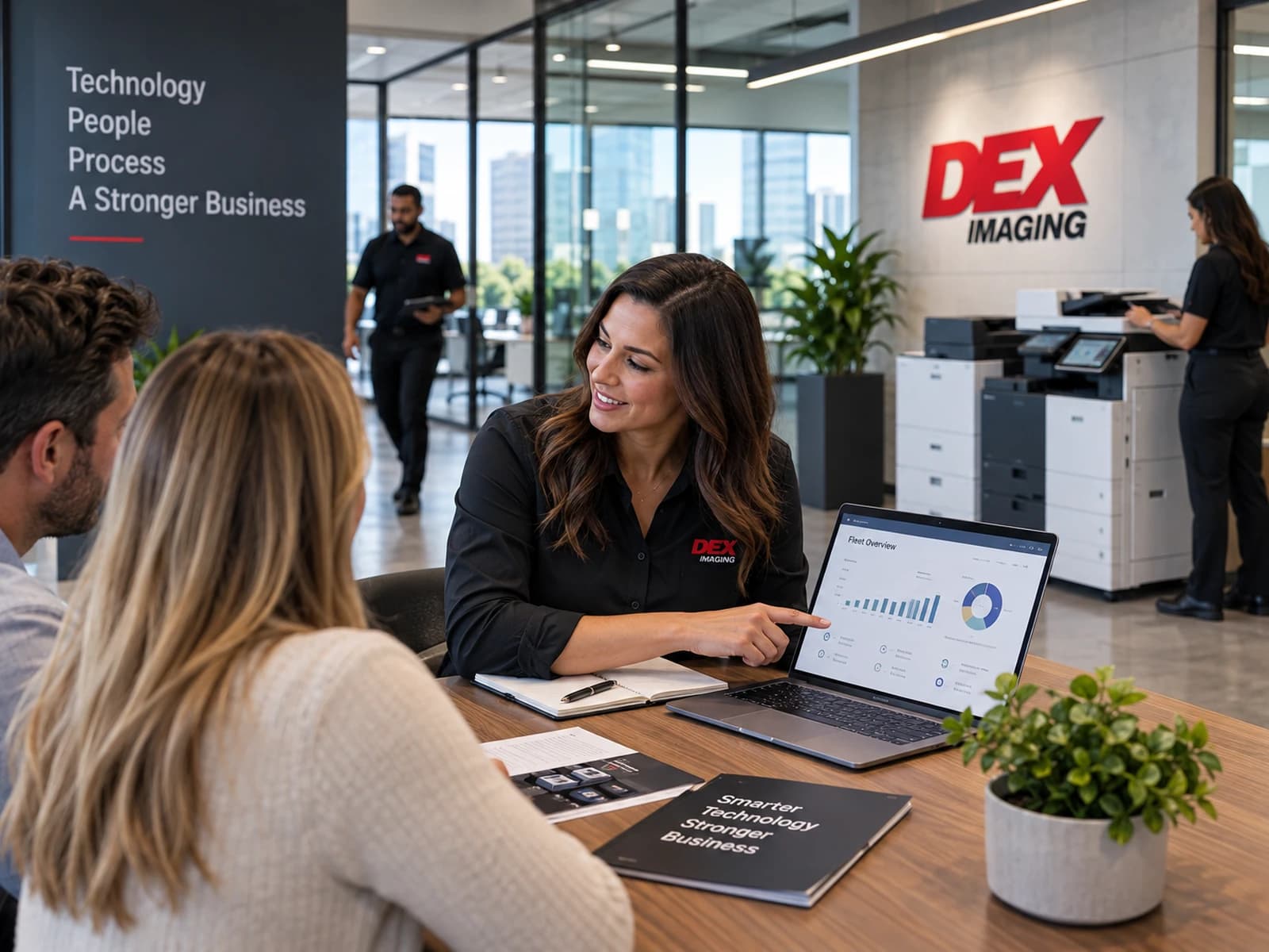 A DEX advisor reviews an IT plan with a customer in a branch office.