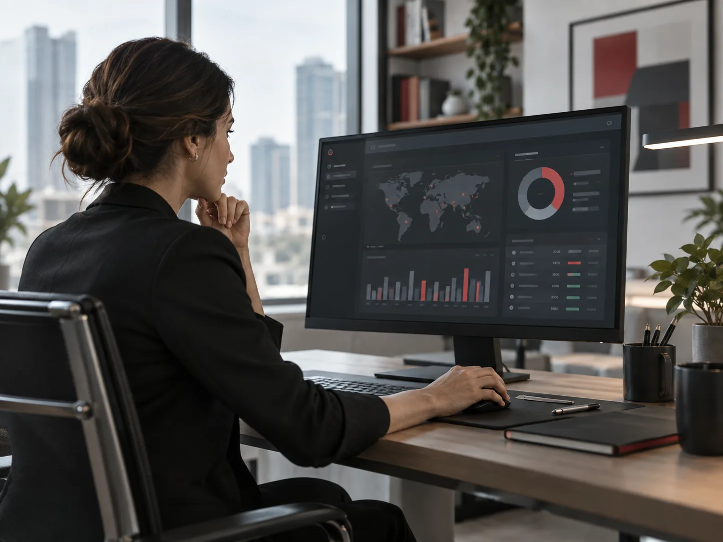 An administrator reviews a device fleet dashboard on a large monitor.