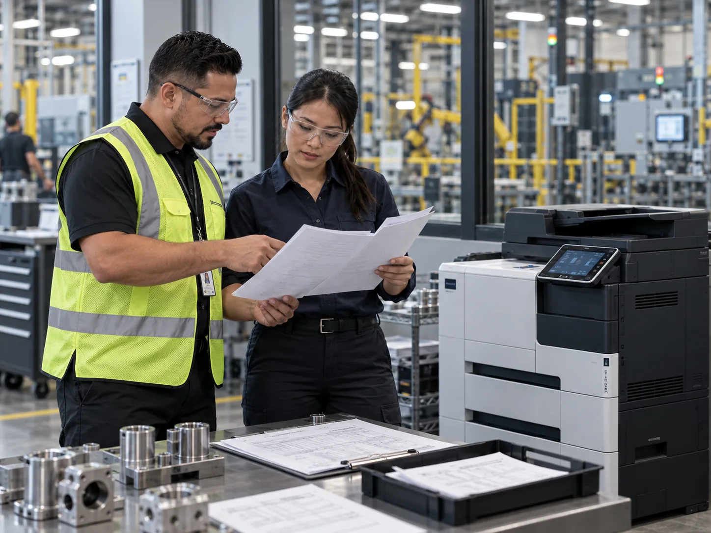 Two engineers review printed production documents beside a plant-floor printer.