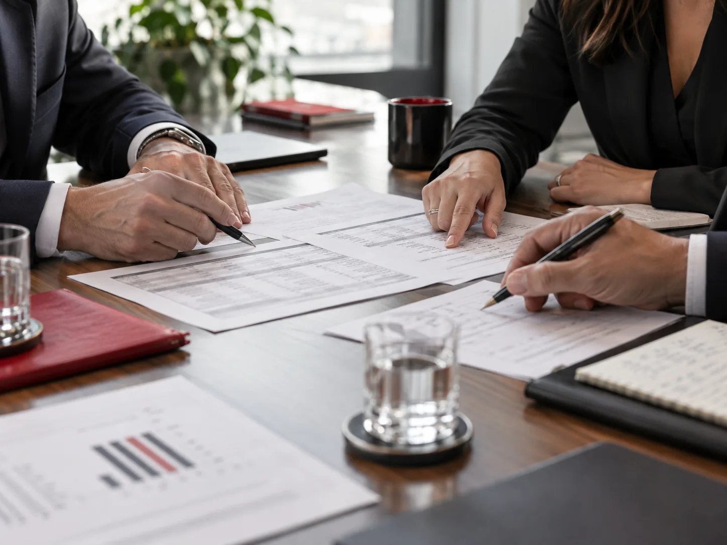 Two people compare printed contract schedules across a conference table.