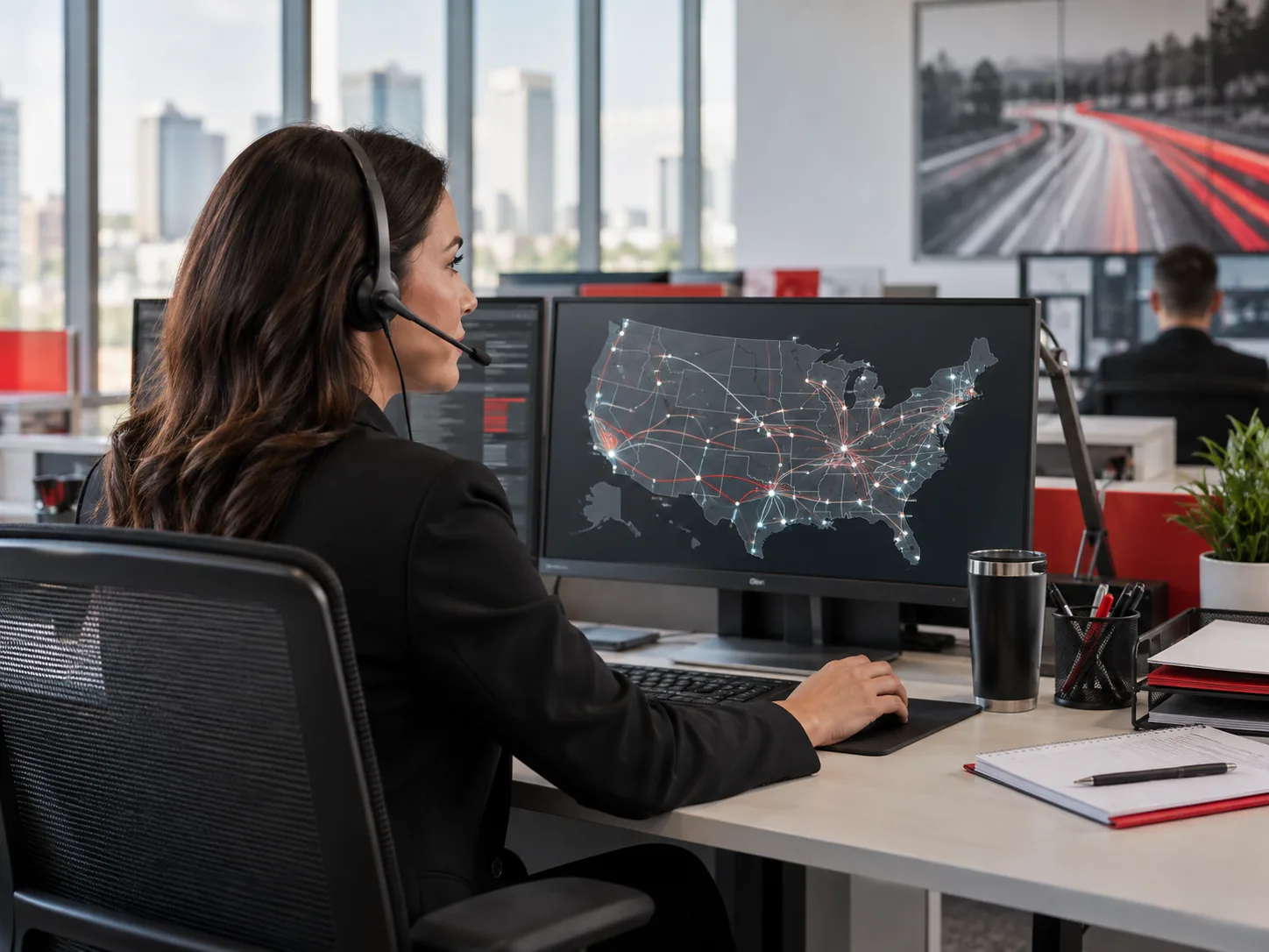 A dispatch coordinator works at a workstation showing a national coverage map.