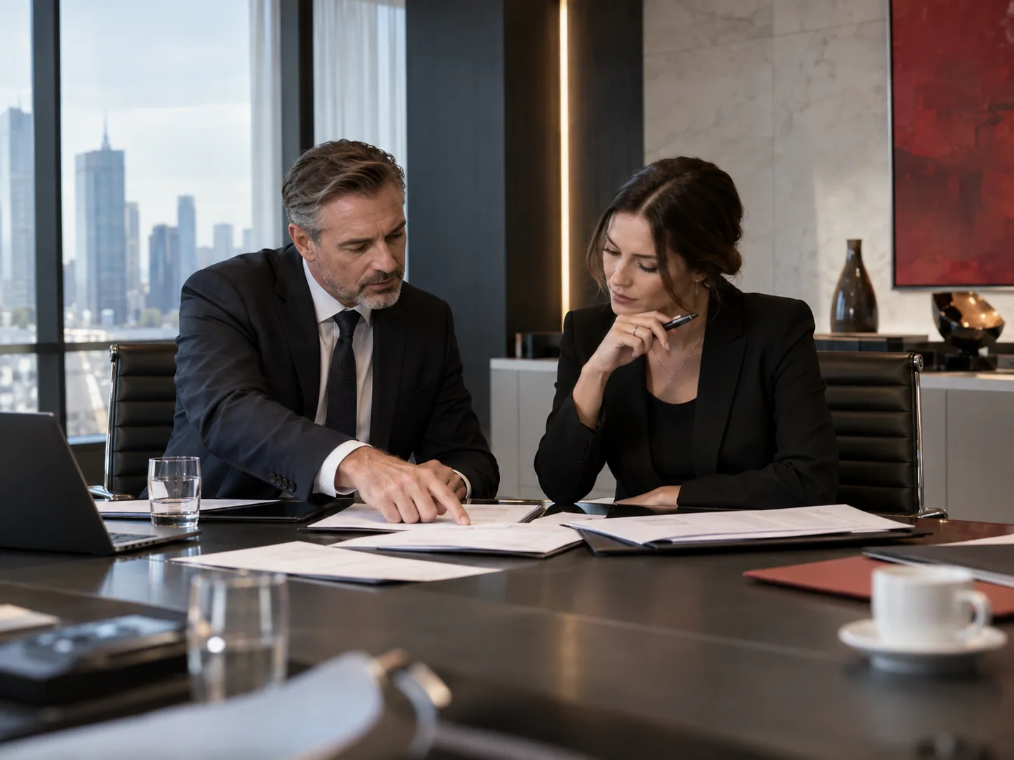 Two professionals review printed contract documents across a boardroom table.