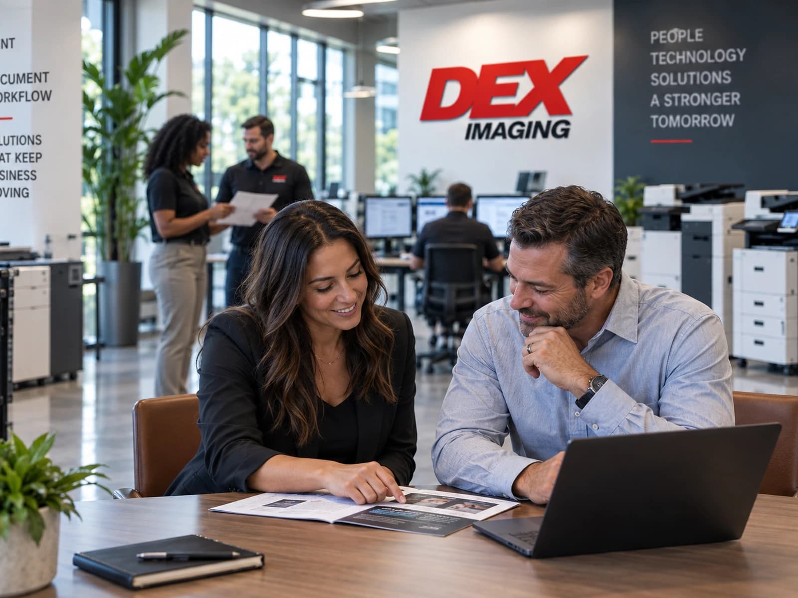 Two colleagues compare printed reports and on-screen data at a workspace.