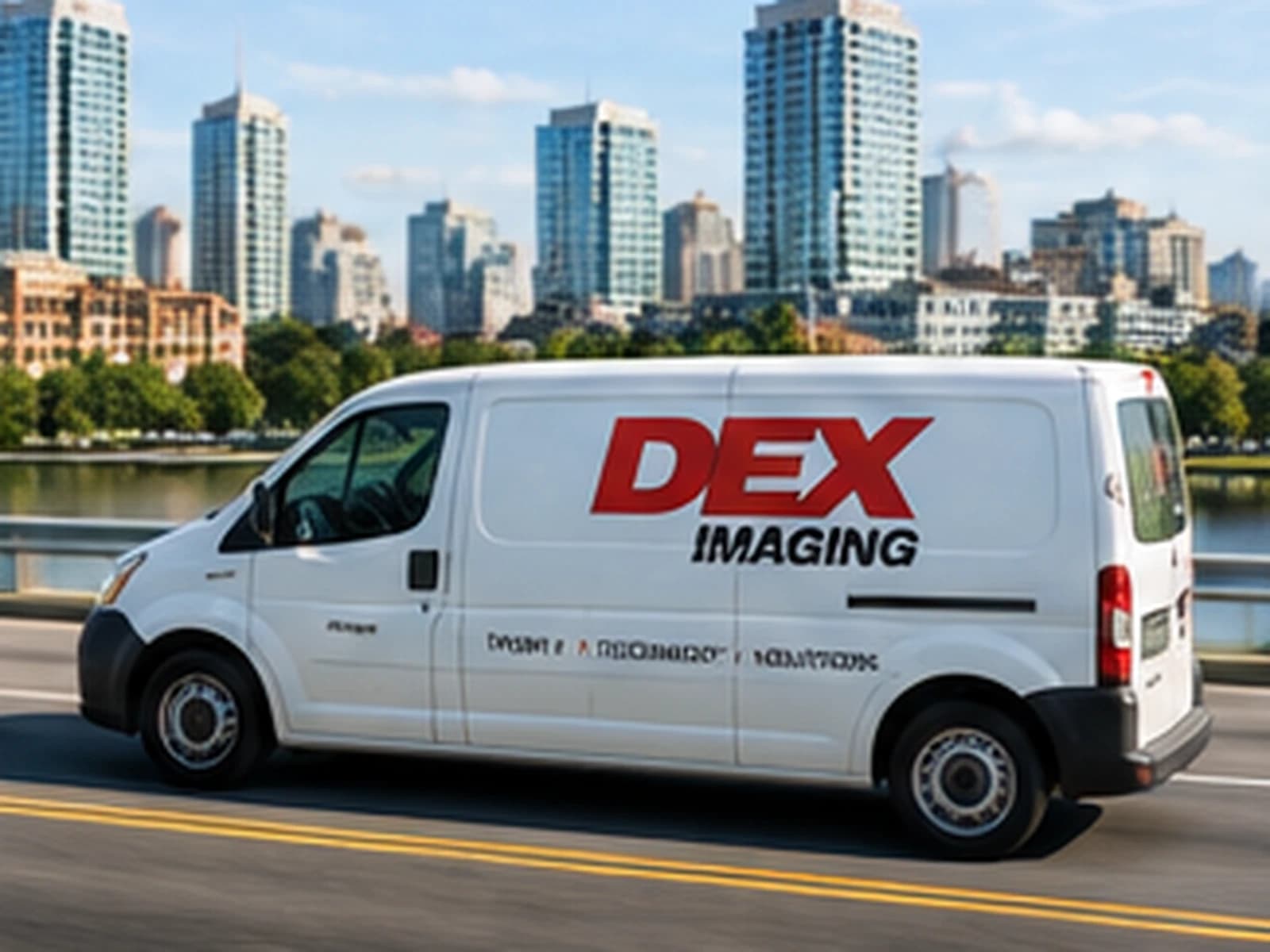 A DEX Imaging service van parked on a city waterfront route.