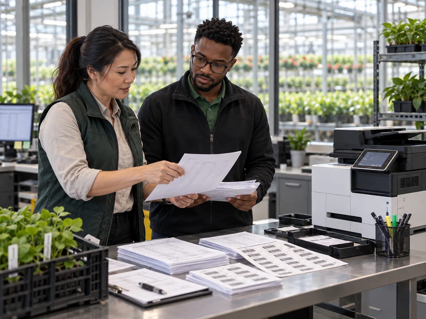 Two growers check printed paperwork at a greenhouse packing station during a seasonal run.