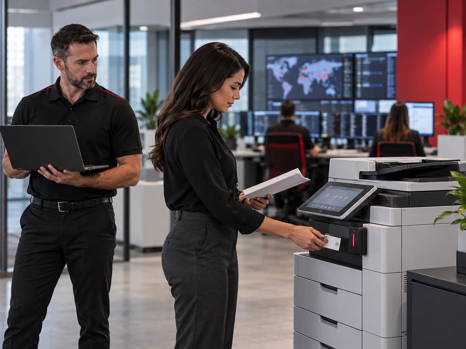 DEX staff handle documents at a secure multifunction printer in a monitored office.