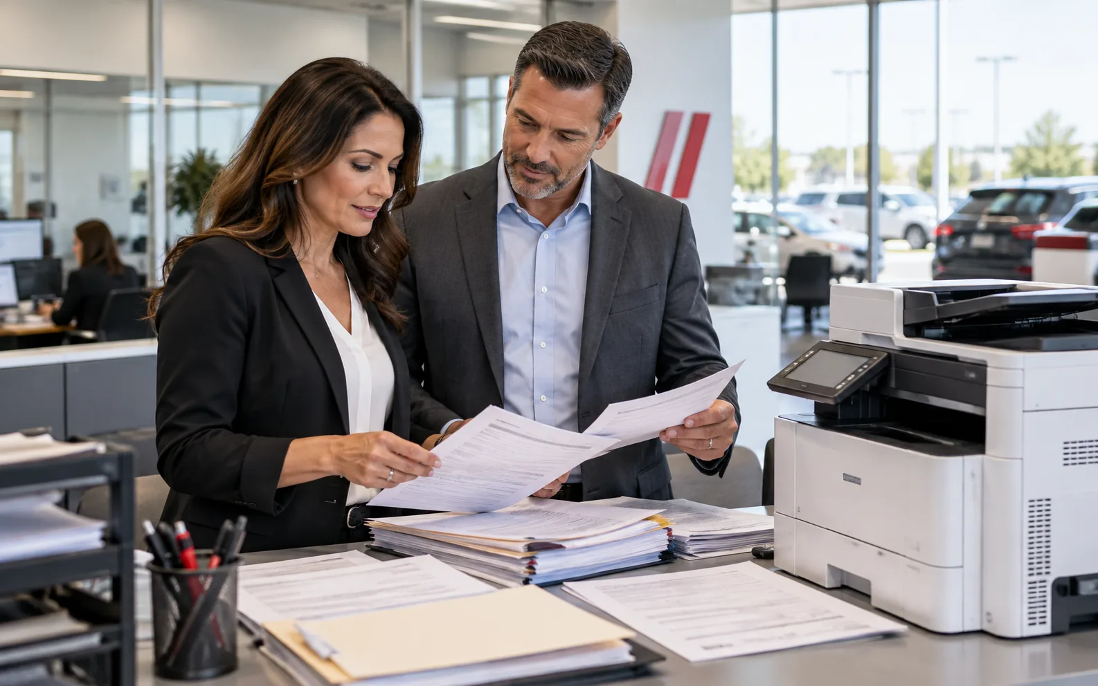 Two dealership staff review printed paperwork at an office printer, the vehicle lot visible outside.