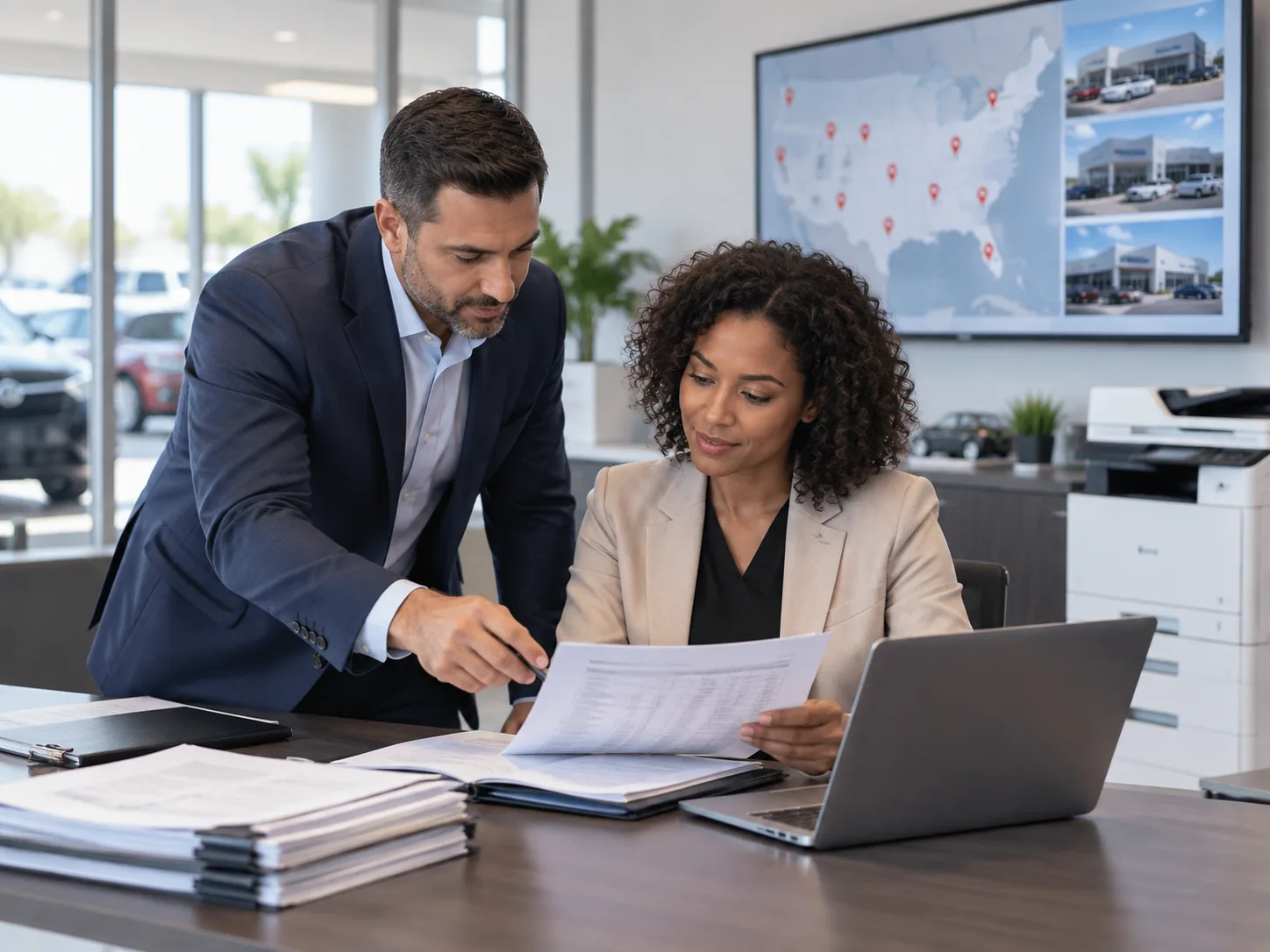 Two managers review printed reports at a desk, a map of dealership locations on the screen behind them.