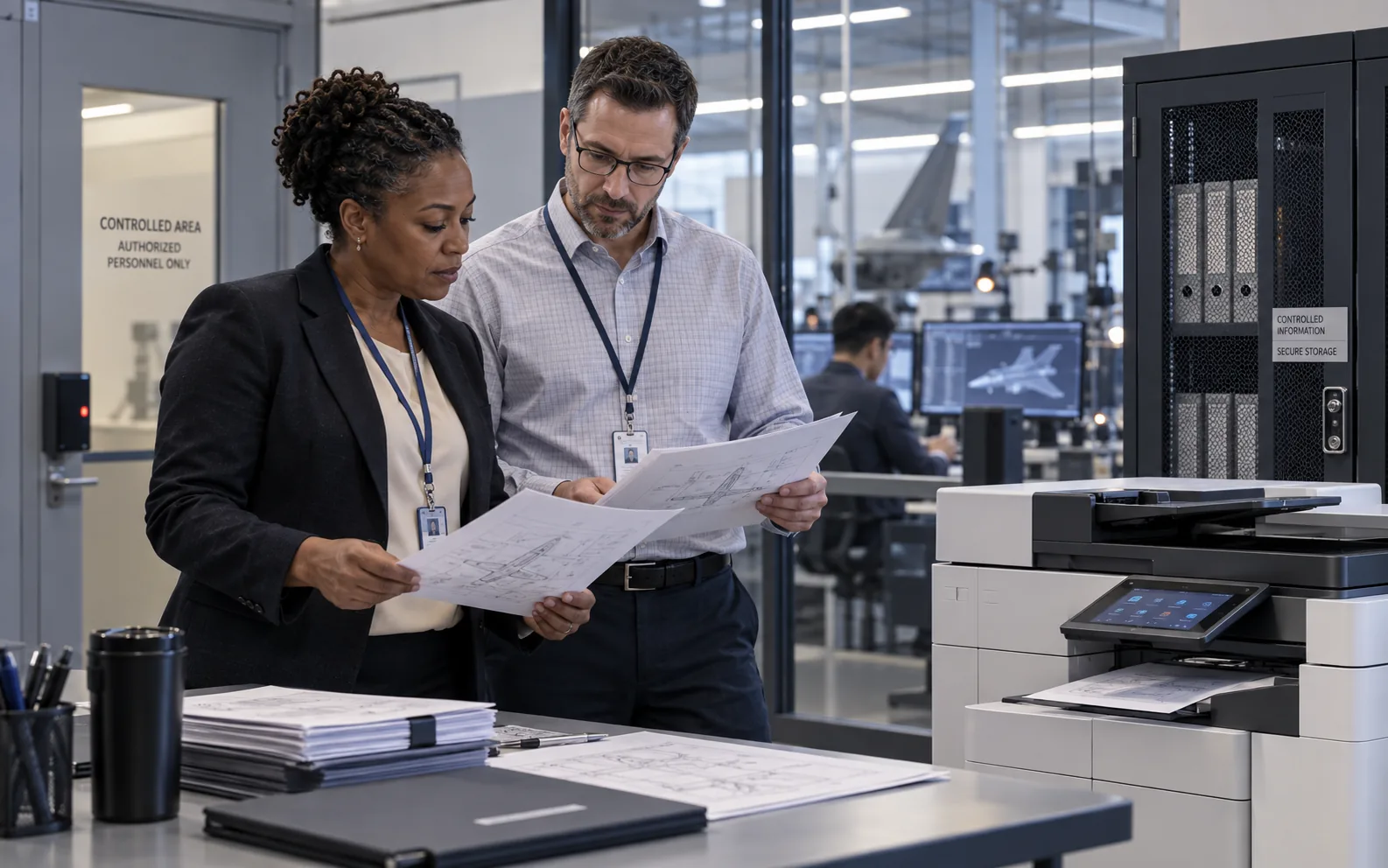 Two badged staff review printed technical drawings in a controlled-area office.