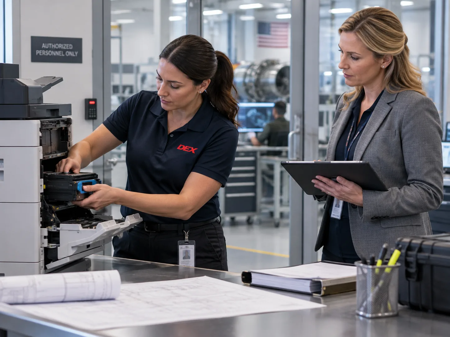 A DEX technician services a multifunction printer inside a controlled-access facility.