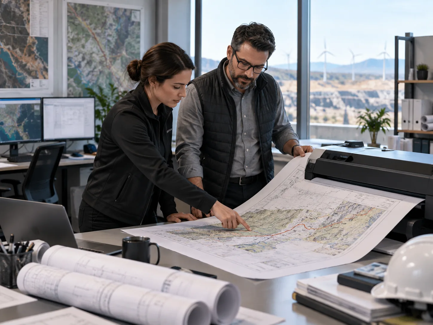 Two engineers unroll a large-format GIS map across a desk, wind turbines visible outside.