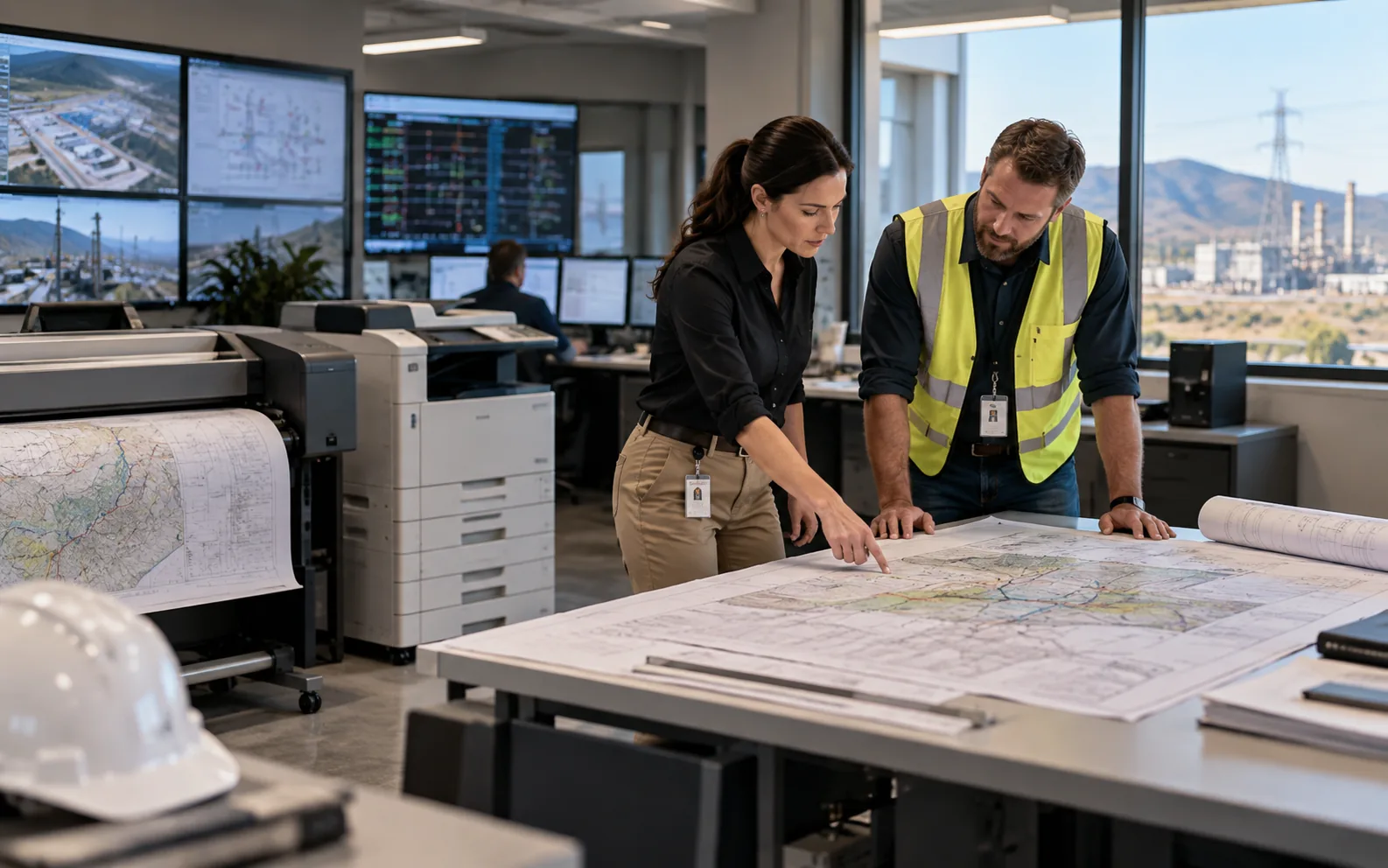 Utility staff review large-format site maps beside a wide-format plotter in an operations centre.