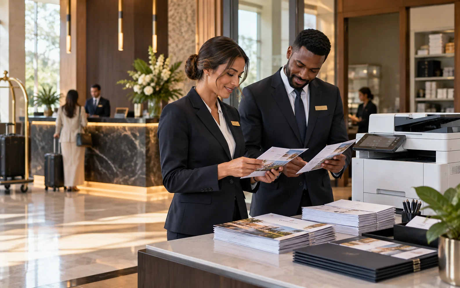 Hotel staff organise printed welcome materials at a front-desk printer.