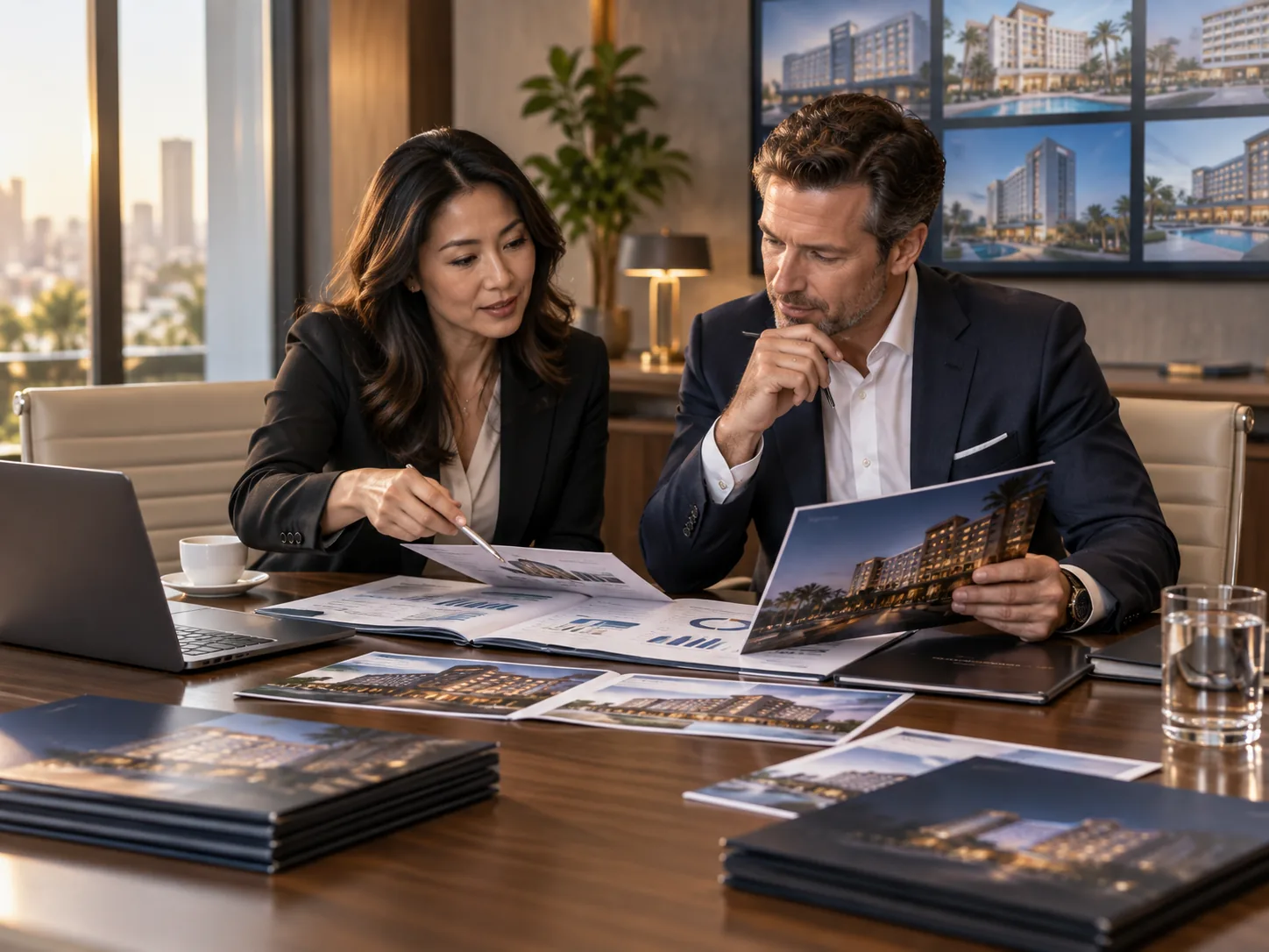 Two managers review printed property photography for a multi-property hotel portfolio.