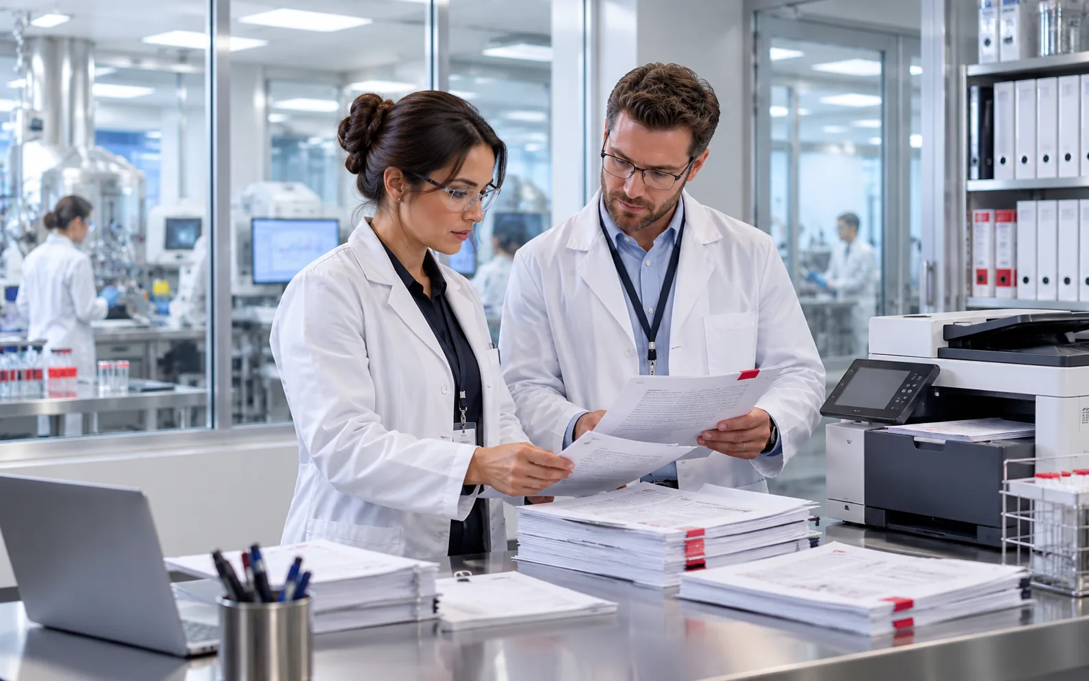 Two scientists in lab coats review printed quality-control records beside a laboratory printer.