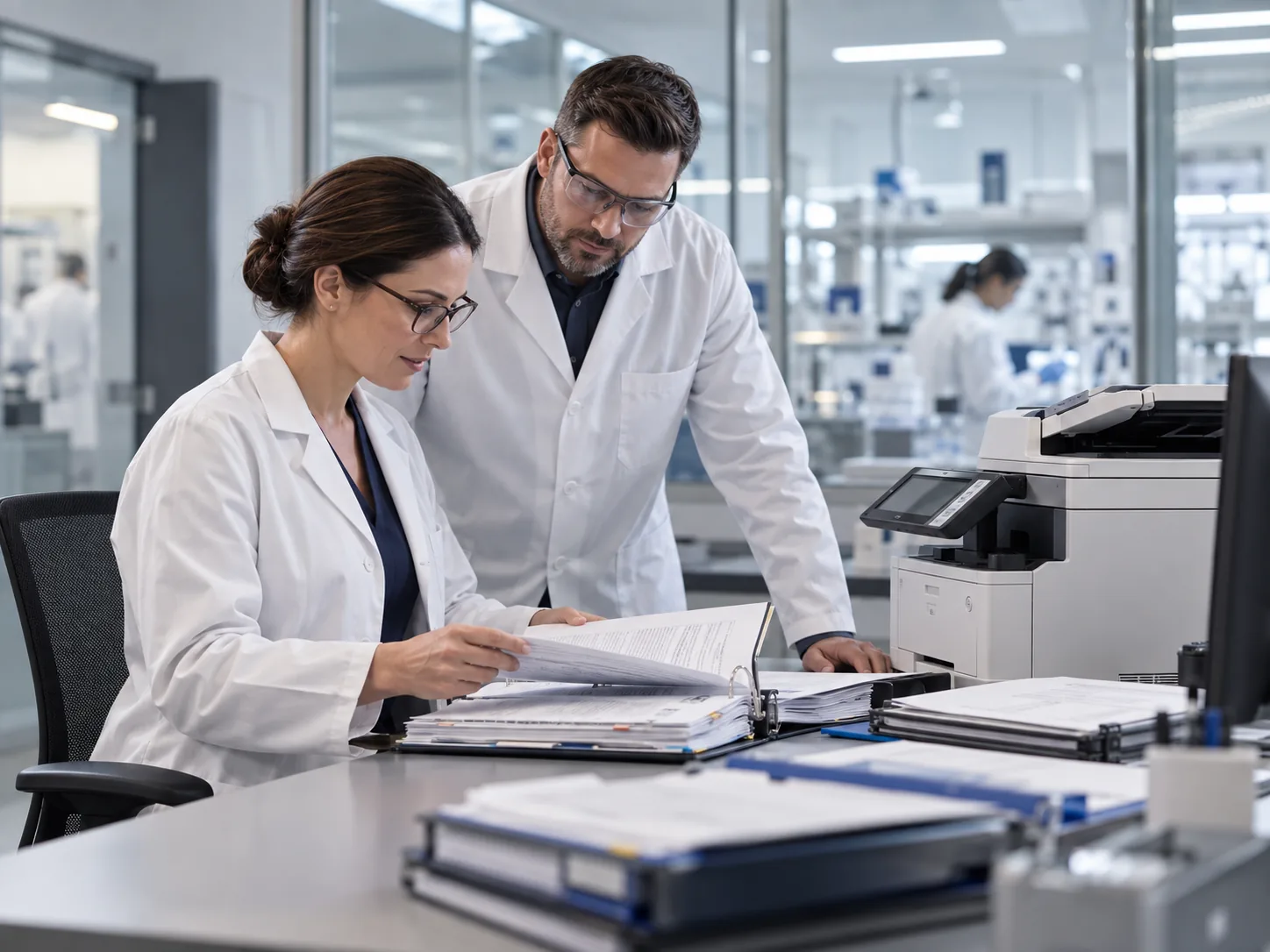 Two lab staff check printed documentation in binders ahead of an inspection.